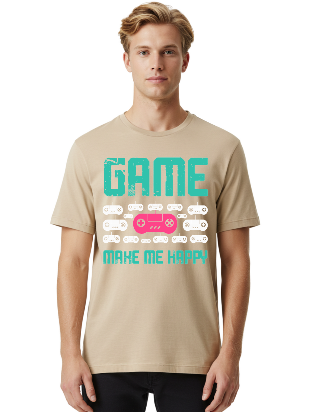 Game-Make-Me-Happy Men'S Graphic Tee, 100% Cotton, Comfortable Casual Summer Wear, Machine Washable, Gaming Controller, Gamepad, Video Games, Gaming Accessories, Positive Vibes, Happiness, Gaming, Make Me Happy -  Aaa631
