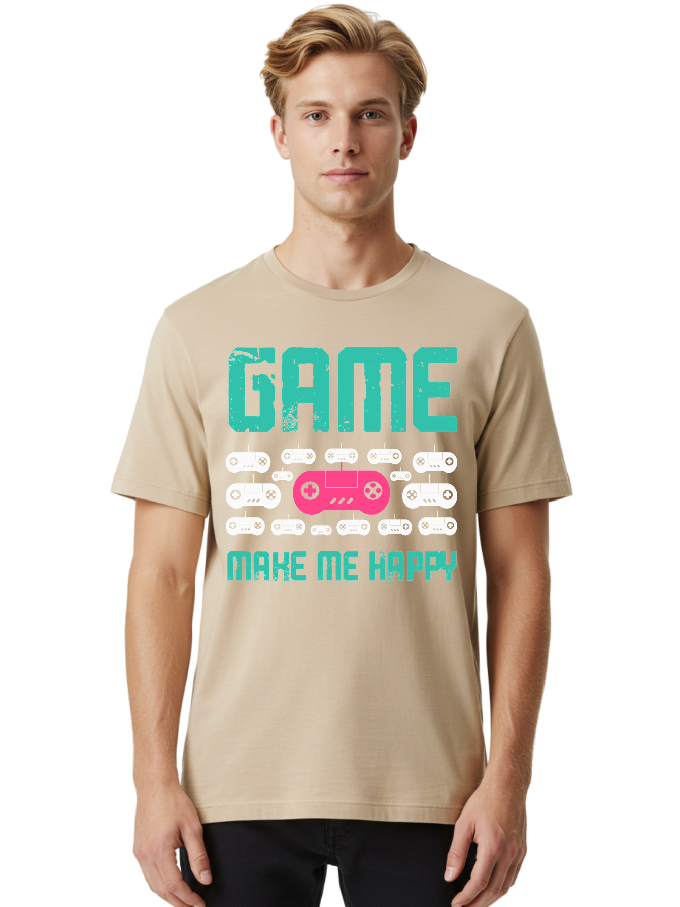 Game-Make-Me-Happy Men'S Graphic Tee, 100% Cotton, Comfortable Casual Summer Wear, Machine Washable, Gaming Controller, Gamepad, Video Games, Gaming Accessories, Positive Vibes, Happiness, Gaming, Make Me Happy -  Aaa631