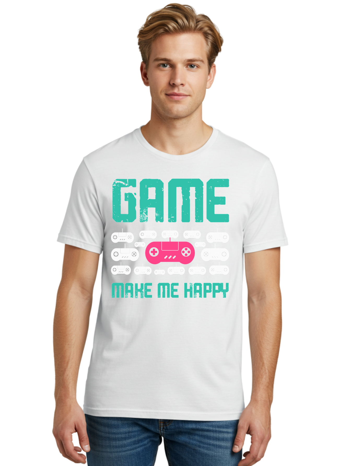 Game-Make-Me-Happy Men'S Graphic Tee, 100% Cotton, Comfortable Casual Summer Wear, Machine Washable, Gaming Controller, Gamepad, Video Games, Gaming Accessories, Positive Vibes, Happiness, Gaming, Make Me Happy -  Aaa631