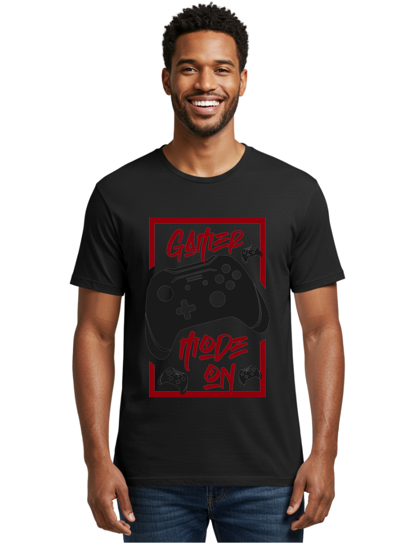Gamer-Mode-On Men'S Graphic Tee, 100% Cotton, Comfortable Casual Summer Wear, Machine Washable, Game Controller, Gaming Graphics, Video Game Console, Game Mode On, Gather Mode, Gamer Culture, Gaming Community, Game On, Red And Green Design -  Aaa634