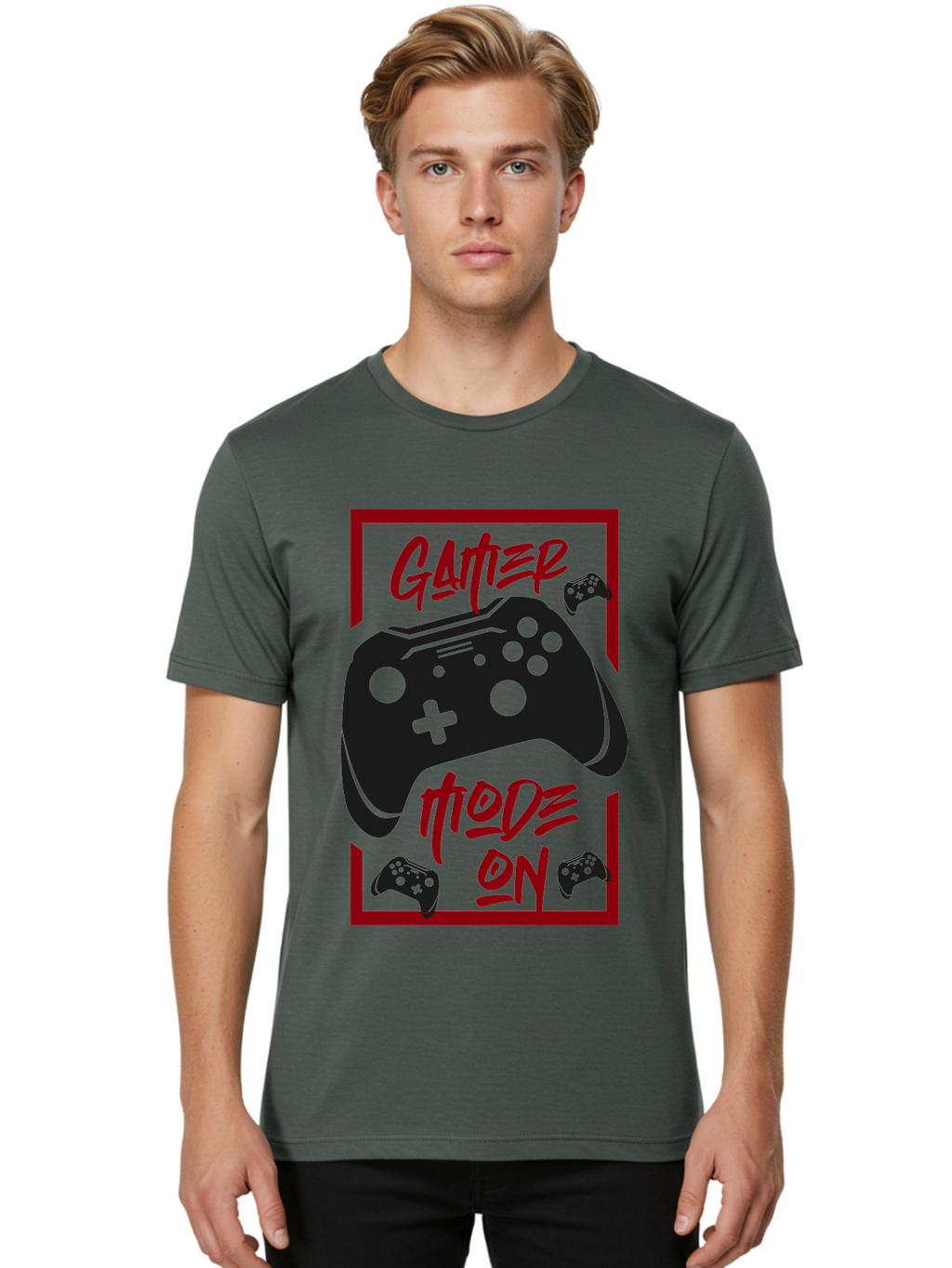 Gamer-Mode-On Men'S Graphic Tee, 100% Cotton, Comfortable Casual Summer Wear, Machine Washable, Game Controller, Gaming Graphics, Video Game Console, Game Mode On, Gather Mode, Gamer Culture, Gaming Community, Game On, Red And Green Design -  Aaa634