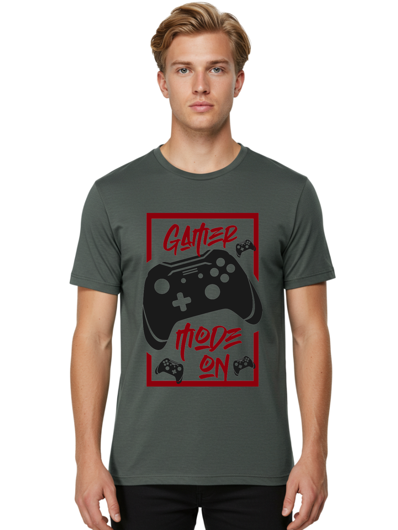 Gamer-Mode-On Men'S Graphic Tee, 100% Cotton, Comfortable Casual Summer Wear, Machine Washable, Game Controller, Gaming Graphics, Video Game Console, Game Mode On, Gather Mode, Gamer Culture, Gaming Community, Game On, Red And Green Design -  Aaa634