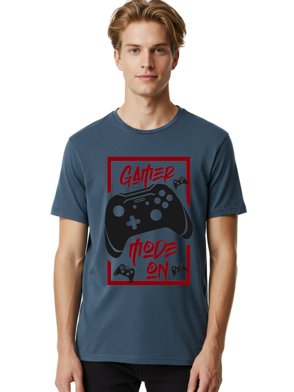Gamer-Mode-On Men'S Graphic Tee, 100% Cotton, Comfortable Casual Summer Wear, Machine Washable, Game Controller, Gaming Graphics, Video Game Console, Game Mode On, Gather Mode, Gamer Culture, Gaming Community, Game On, Red And Green Design -  Aaa634