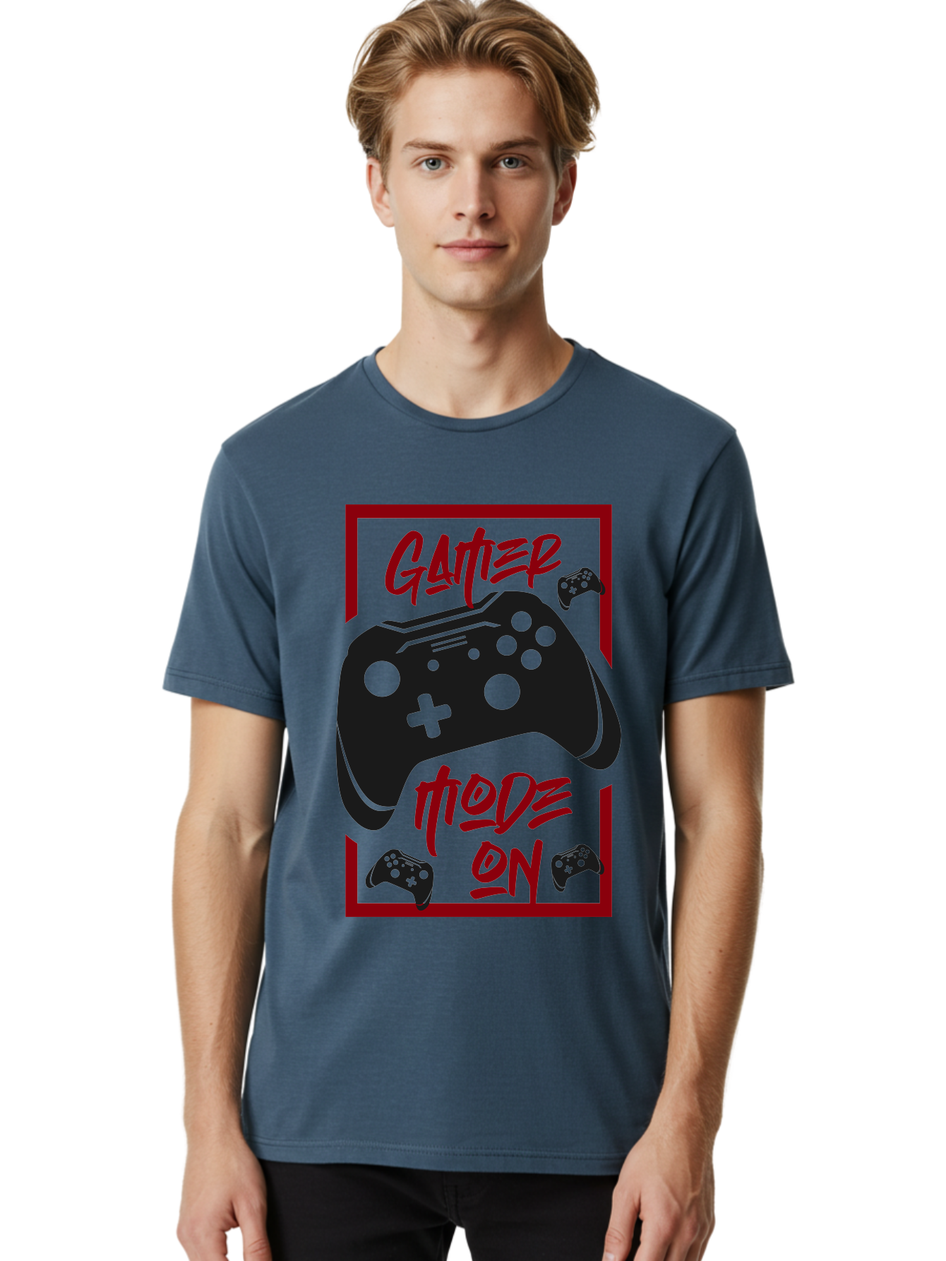 Gamer-Mode-On Men'S Graphic Tee, 100% Cotton, Comfortable Casual Summer Wear, Machine Washable, Game Controller, Gaming Graphics, Video Game Console, Game Mode On, Gather Mode, Gamer Culture, Gaming Community, Game On, Red And Green Design -  Aaa634