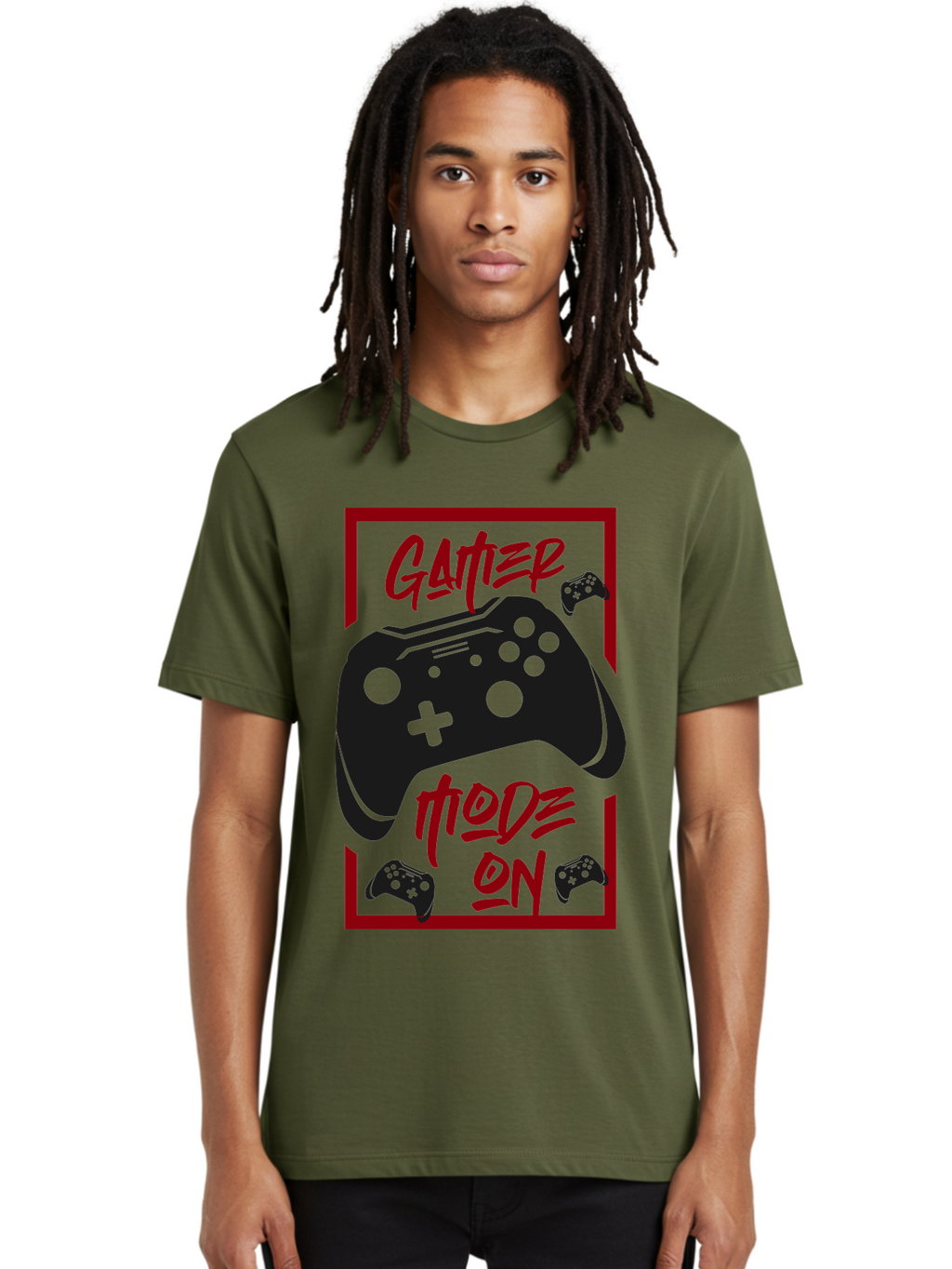Gamer-Mode-On Men'S Graphic Tee, 100% Cotton, Comfortable Casual Summer Wear, Machine Washable, Game Controller, Gaming Graphics, Video Game Console, Game Mode On, Gather Mode, Gamer Culture, Gaming Community, Game On, Red And Green Design -  Aaa634