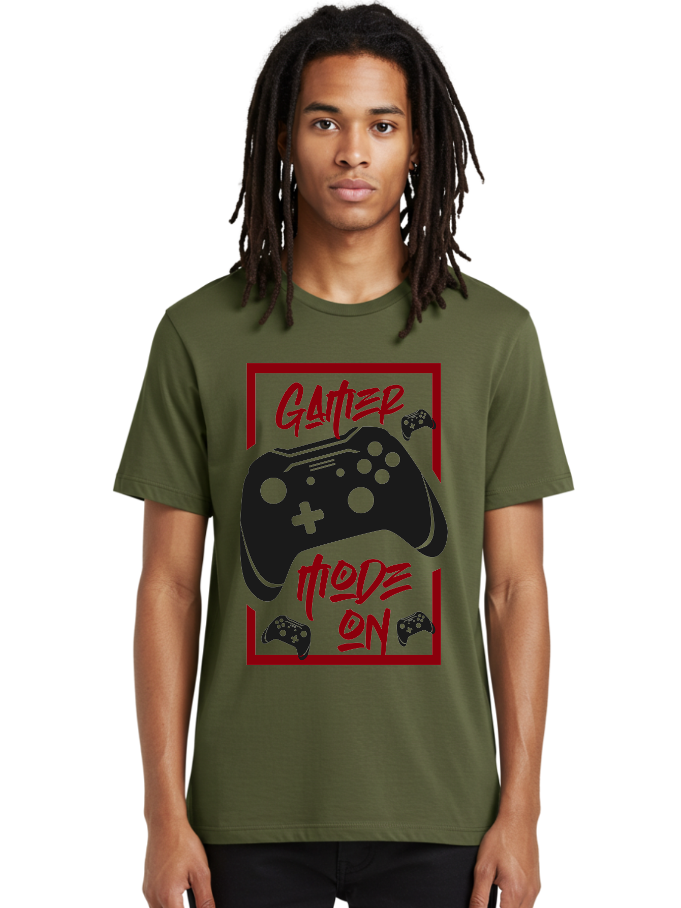 Gamer-Mode-On Men'S Graphic Tee, 100% Cotton, Comfortable Casual Summer Wear, Machine Washable, Game Controller, Gaming Graphics, Video Game Console, Game Mode On, Gather Mode, Gamer Culture, Gaming Community, Game On, Red And Green Design -  Aaa634