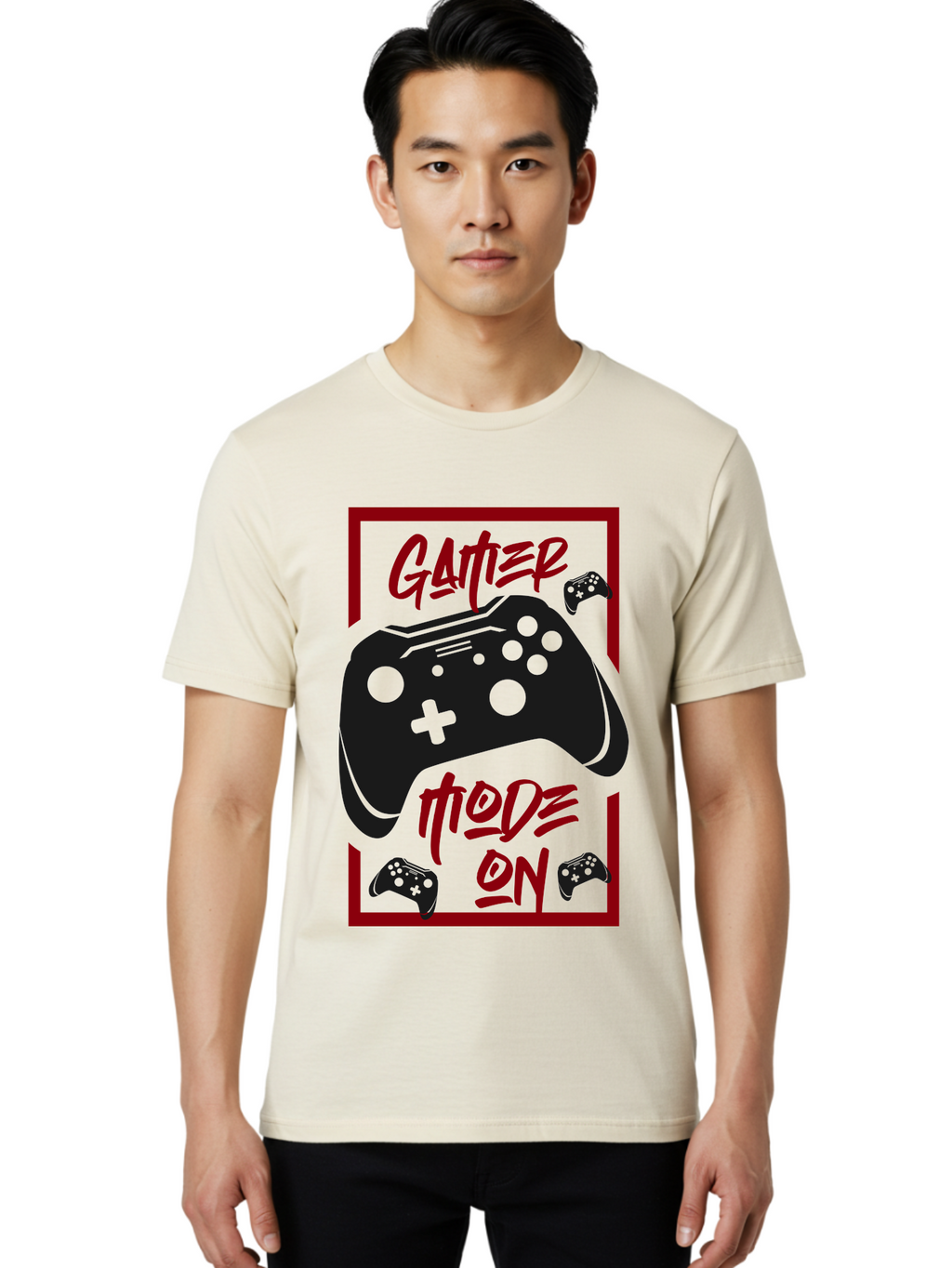 Gamer-Mode-On Men'S Graphic Tee, 100% Cotton, Comfortable Casual Summer Wear, Machine Washable, Game Controller, Gaming Graphics, Video Game Console, Game Mode On, Gather Mode, Gamer Culture, Gaming Community, Game On, Red And Green Design -  Aaa634