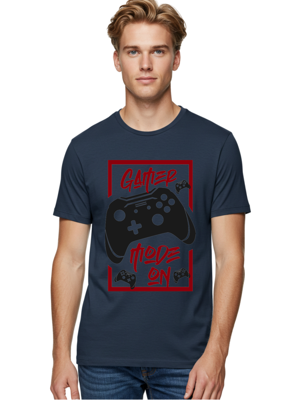Gamer-Mode-On Men'S Graphic Tee, 100% Cotton, Comfortable Casual Summer Wear, Machine Washable, Game Controller, Gaming Graphics, Video Game Console, Game Mode On, Gather Mode, Gamer Culture, Gaming Community, Game On, Red And Green Design -  Aaa634