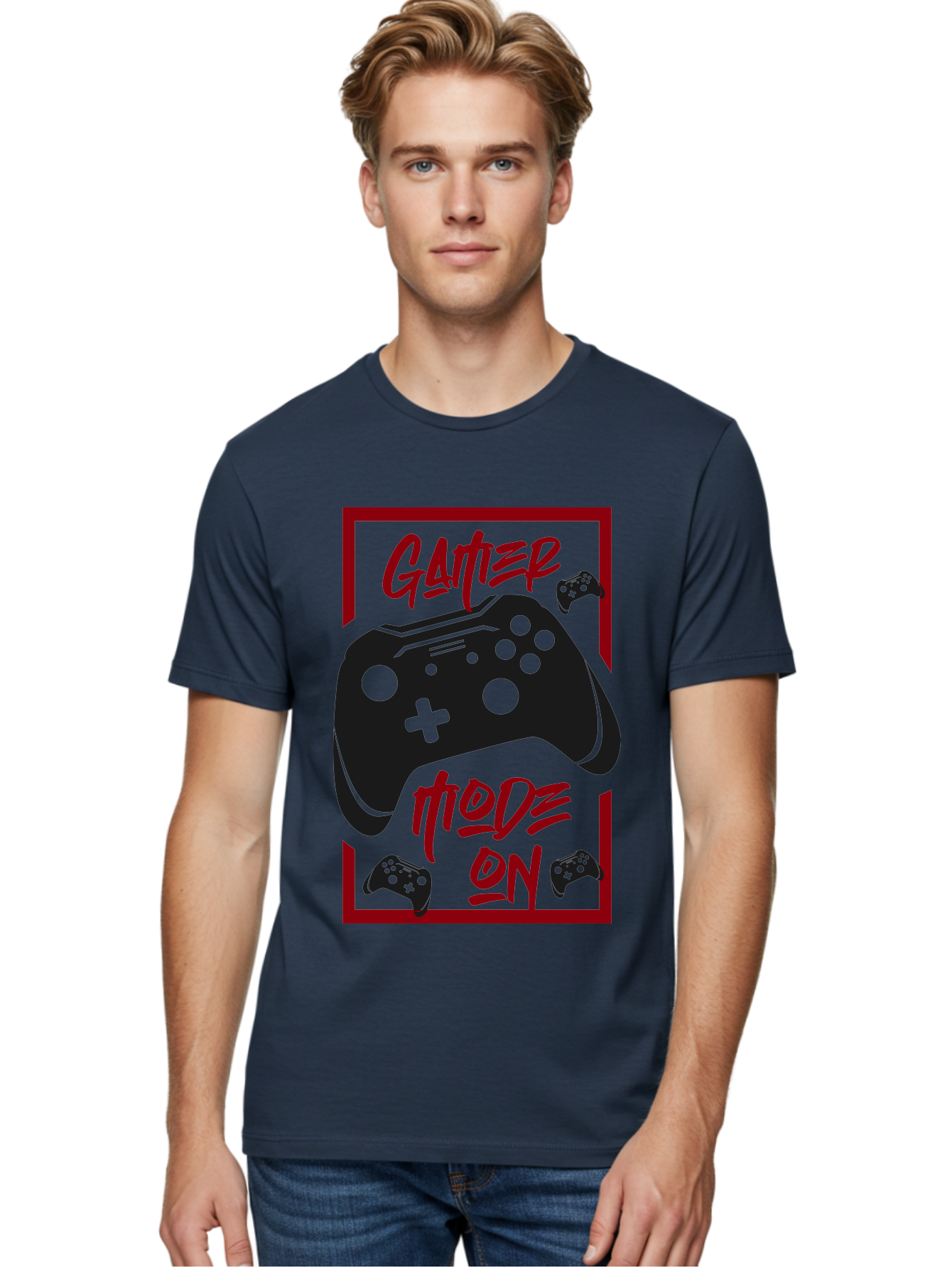 Gamer-Mode-On Men'S Graphic Tee, 100% Cotton, Comfortable Casual Summer Wear, Machine Washable, Game Controller, Gaming Graphics, Video Game Console, Game Mode On, Gather Mode, Gamer Culture, Gaming Community, Game On, Red And Green Design -  Aaa634