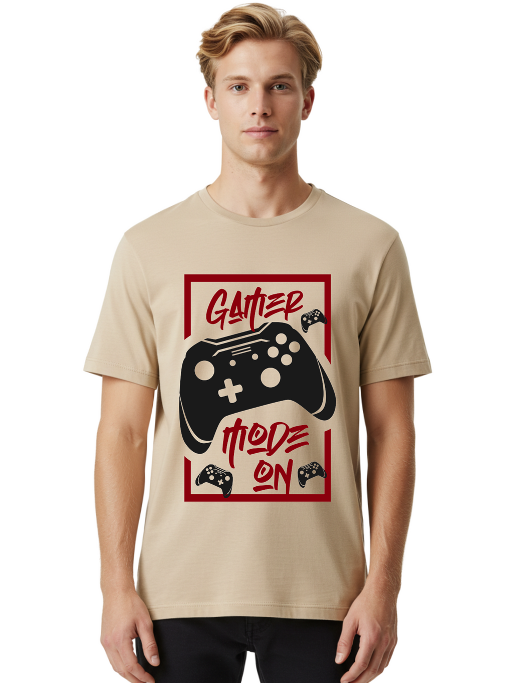 Gamer-Mode-On Men'S Graphic Tee, 100% Cotton, Comfortable Casual Summer Wear, Machine Washable, Game Controller, Gaming Graphics, Video Game Console, Game Mode On, Gather Mode, Gamer Culture, Gaming Community, Game On, Red And Green Design -  Aaa634