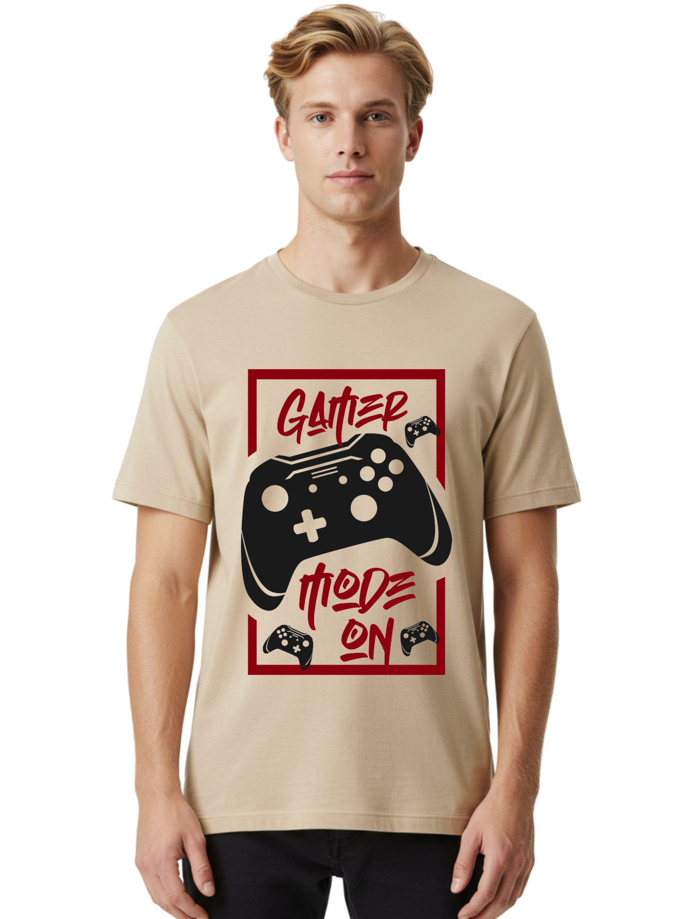 Gamer-Mode-On Men'S Graphic Tee, 100% Cotton, Comfortable Casual Summer Wear, Machine Washable, Game Controller, Gaming Graphics, Video Game Console, Game Mode On, Gather Mode, Gamer Culture, Gaming Community, Game On, Red And Green Design -  Aaa634