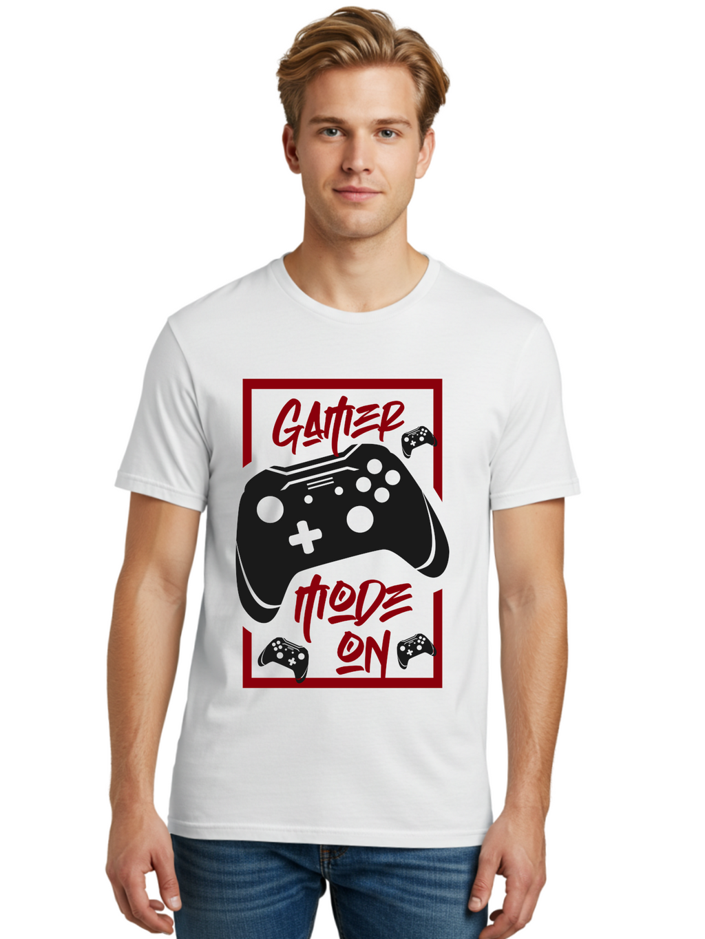 Gamer-Mode-On Men'S Graphic Tee, 100% Cotton, Comfortable Casual Summer Wear, Machine Washable, Game Controller, Gaming Graphics, Video Game Console, Game Mode On, Gather Mode, Gamer Culture, Gaming Community, Game On, Red And Green Design -  Aaa634