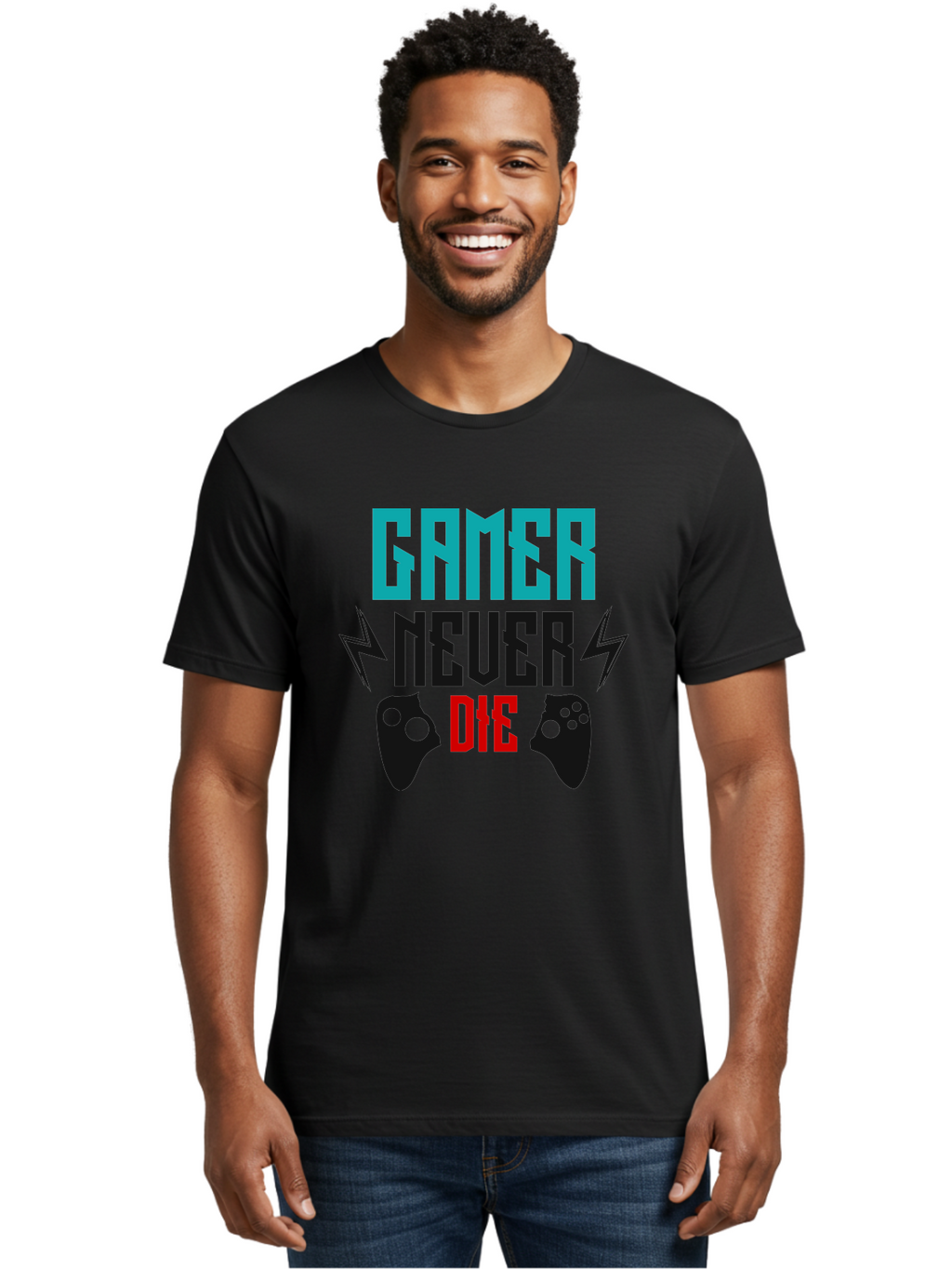 Gamer-Never-Die Men'S Graphic Tee, 100% Cotton, Comfortable Casual Summer Wear, Machine Washable, Gaming Culture, Gaming Controllers, Motivational Quote, Gamer Lifestyle, Video Games, Gaming Community, Game On -  Aaa635