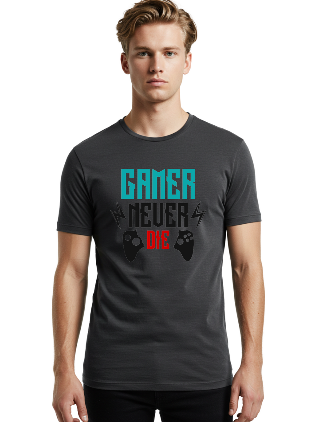 Gamer-Never-Die Men'S Graphic Tee, 100% Cotton, Comfortable Casual Summer Wear, Machine Washable, Gaming Culture, Gaming Controllers, Motivational Quote, Gamer Lifestyle, Video Games, Gaming Community, Game On -  Aaa635