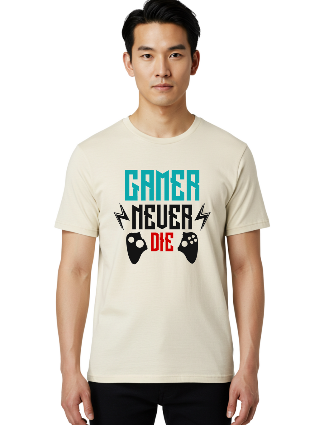 Gamer-Never-Die Men'S Graphic Tee, 100% Cotton, Comfortable Casual Summer Wear, Machine Washable, Gaming Culture, Gaming Controllers, Motivational Quote, Gamer Lifestyle, Video Games, Gaming Community, Game On -  Aaa635