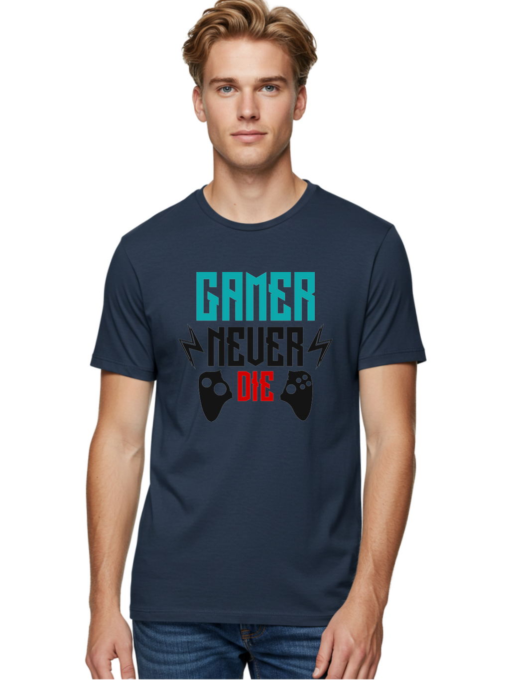 Gamer-Never-Die Men'S Graphic Tee, 100% Cotton, Comfortable Casual Summer Wear, Machine Washable, Gaming Culture, Gaming Controllers, Motivational Quote, Gamer Lifestyle, Video Games, Gaming Community, Game On -  Aaa635