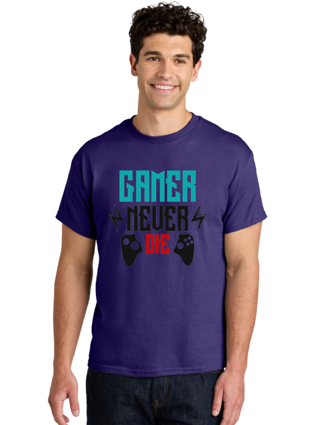 Gamer-Never-Die Men'S Graphic Tee, 100% Cotton, Comfortable Casual Summer Wear, Machine Washable, Gaming Culture, Gaming Controllers, Motivational Quote, Gamer Lifestyle, Video Games, Gaming Community, Game On -  Aaa635