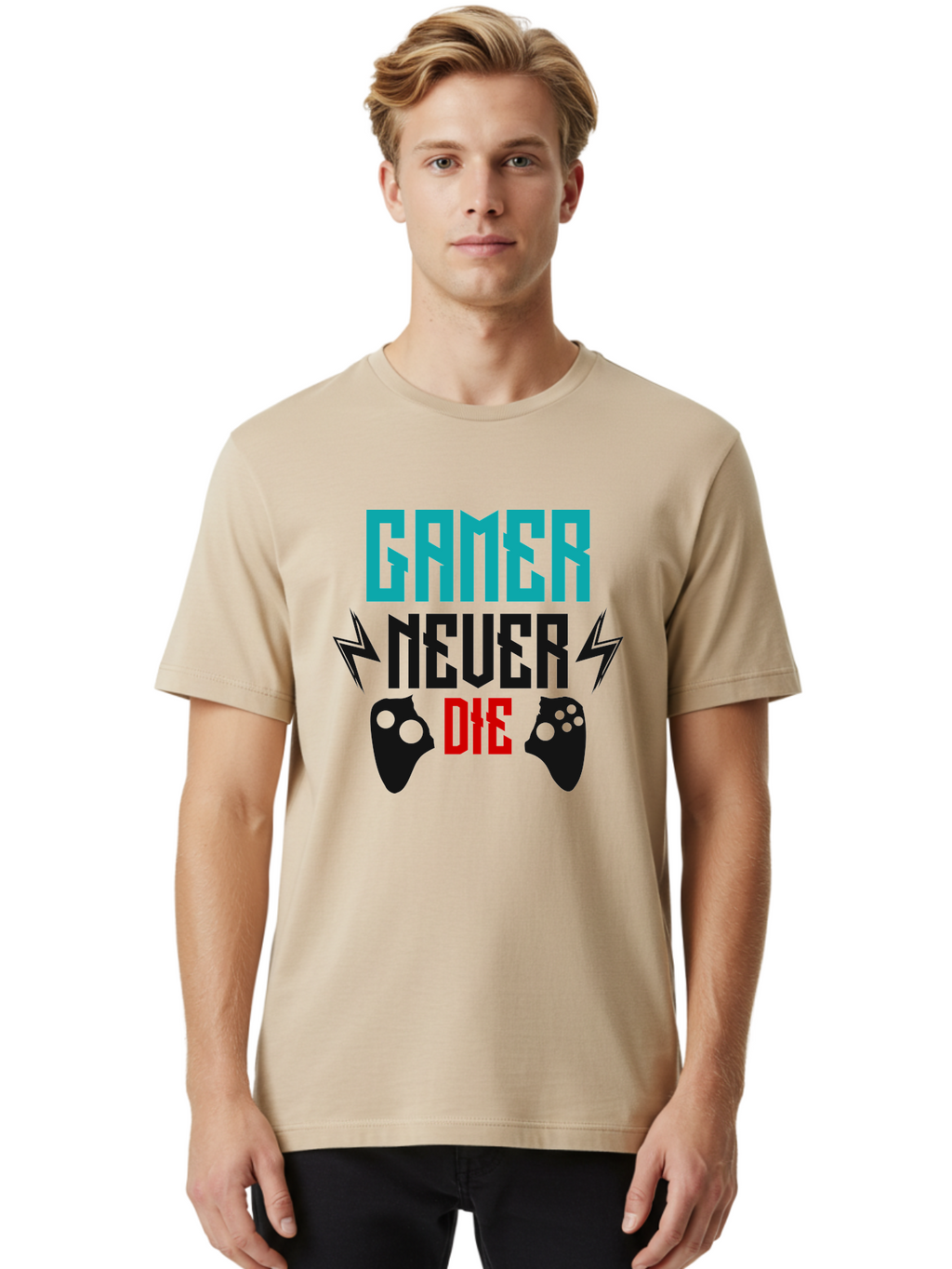 Gamer-Never-Die Men'S Graphic Tee, 100% Cotton, Comfortable Casual Summer Wear, Machine Washable, Gaming Culture, Gaming Controllers, Motivational Quote, Gamer Lifestyle, Video Games, Gaming Community, Game On -  Aaa635