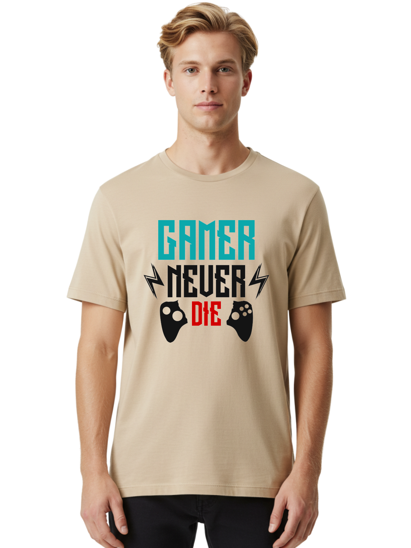 Gamer-Never-Die Men'S Graphic Tee, 100% Cotton, Comfortable Casual Summer Wear, Machine Washable, Gaming Culture, Gaming Controllers, Motivational Quote, Gamer Lifestyle, Video Games, Gaming Community, Game On -  Aaa635