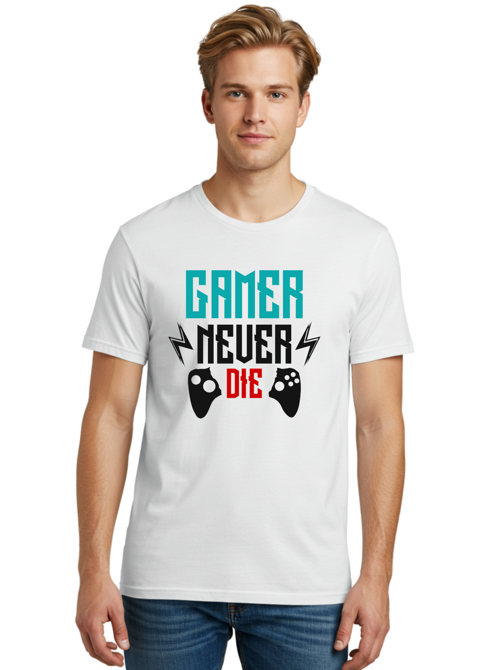 Gamer-Never-Die Men'S Graphic Tee, 100% Cotton, Comfortable Casual Summer Wear, Machine Washable, Gaming Culture, Gaming Controllers, Motivational Quote, Gamer Lifestyle, Video Games, Gaming Community, Game On -  Aaa635