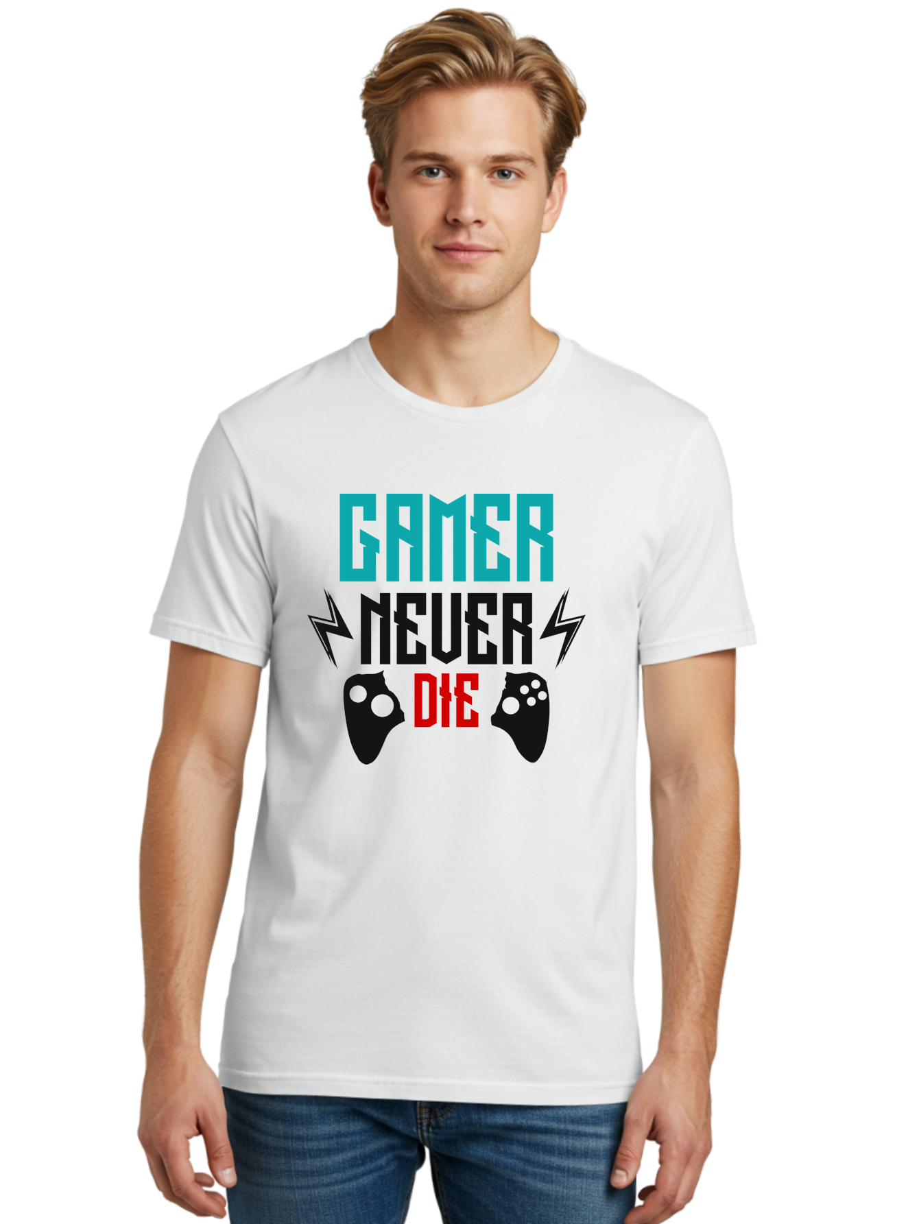Gamer-Never-Die Men'S Graphic Tee, 100% Cotton, Comfortable Casual Summer Wear, Machine Washable, Gaming Culture, Gaming Controllers, Motivational Quote, Gamer Lifestyle, Video Games, Gaming Community, Game On -  Aaa635