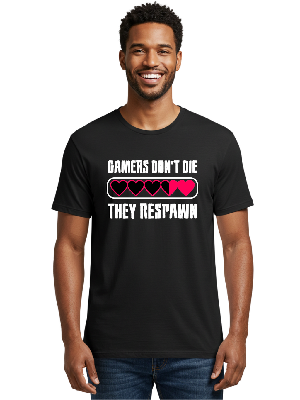 Gamers-Don-T-Die-They-Respwan Men'S Graphic Tee, 100% Cotton, Comfortable Casual Summer Wear, Machine Washable, Gaming Quote, Gamer Life, Respawn, Video Game Humor, Gaming Culture, Gamer Hearts, Digital Entertainment, Gaming Phrase -  Aaa637