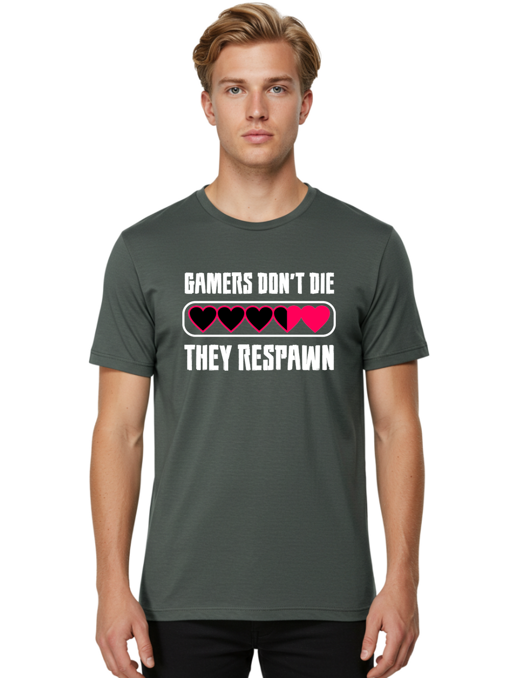 Gamers-Don-T-Die-They-Respwan Men'S Graphic Tee, 100% Cotton, Comfortable Casual Summer Wear, Machine Washable, Gaming Quote, Gamer Life, Respawn, Video Game Humor, Gaming Culture, Gamer Hearts, Digital Entertainment, Gaming Phrase -  Aaa637