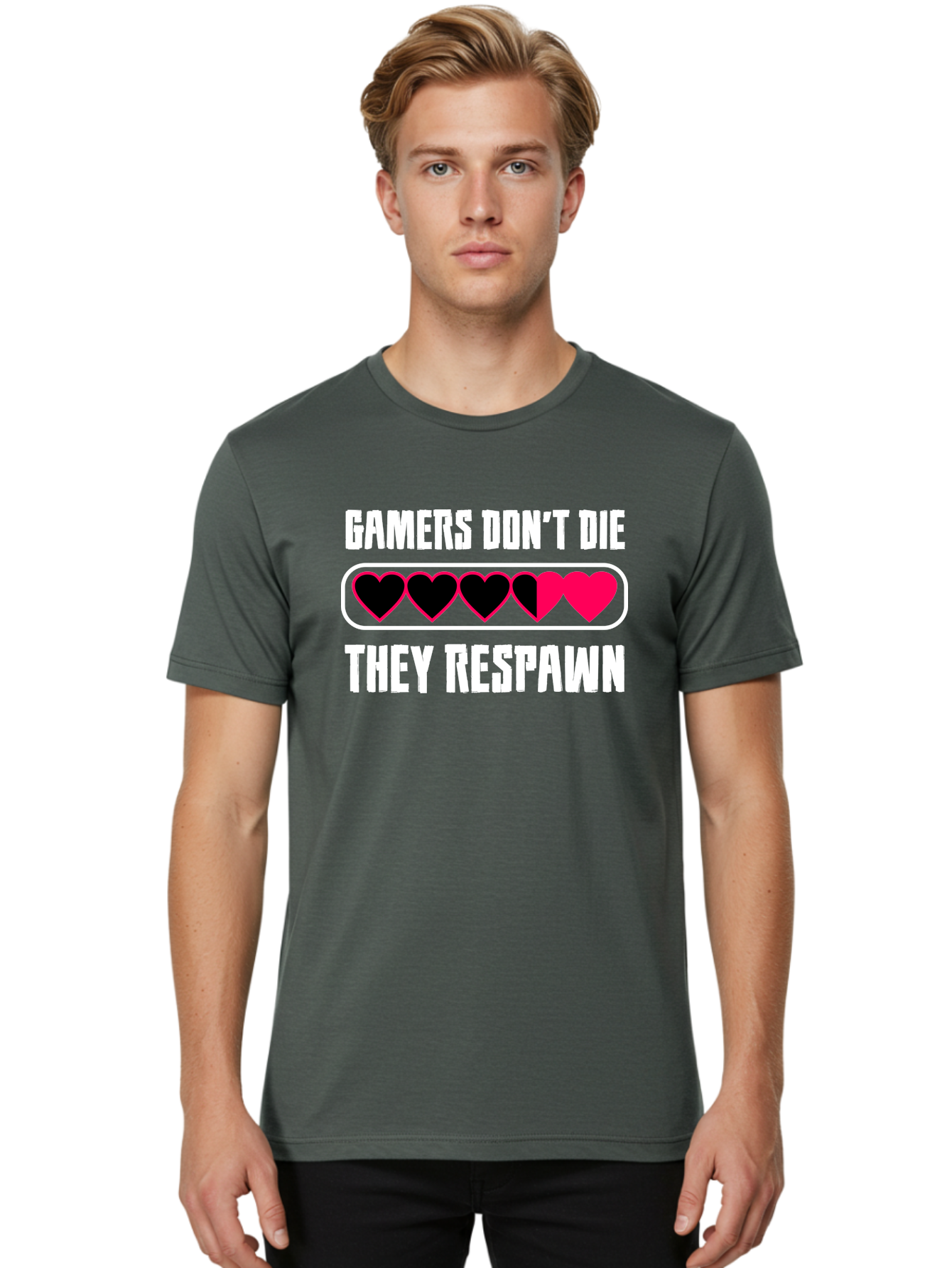 Gamers-Don-T-Die-They-Respwan Men'S Graphic Tee, 100% Cotton, Comfortable Casual Summer Wear, Machine Washable, Gaming Quote, Gamer Life, Respawn, Video Game Humor, Gaming Culture, Gamer Hearts, Digital Entertainment, Gaming Phrase -  Aaa637