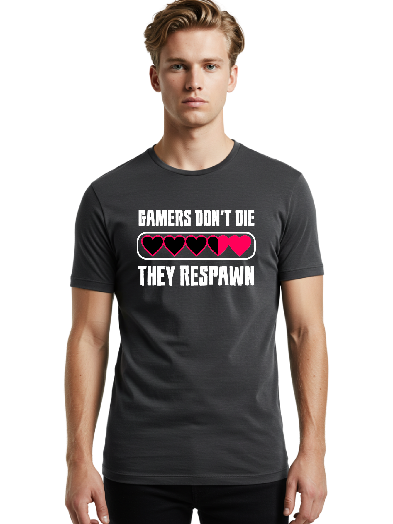 Gamers-Don-T-Die-They-Respwan Men'S Graphic Tee, 100% Cotton, Comfortable Casual Summer Wear, Machine Washable, Gaming Quote, Gamer Life, Respawn, Video Game Humor, Gaming Culture, Gamer Hearts, Digital Entertainment, Gaming Phrase -  Aaa637