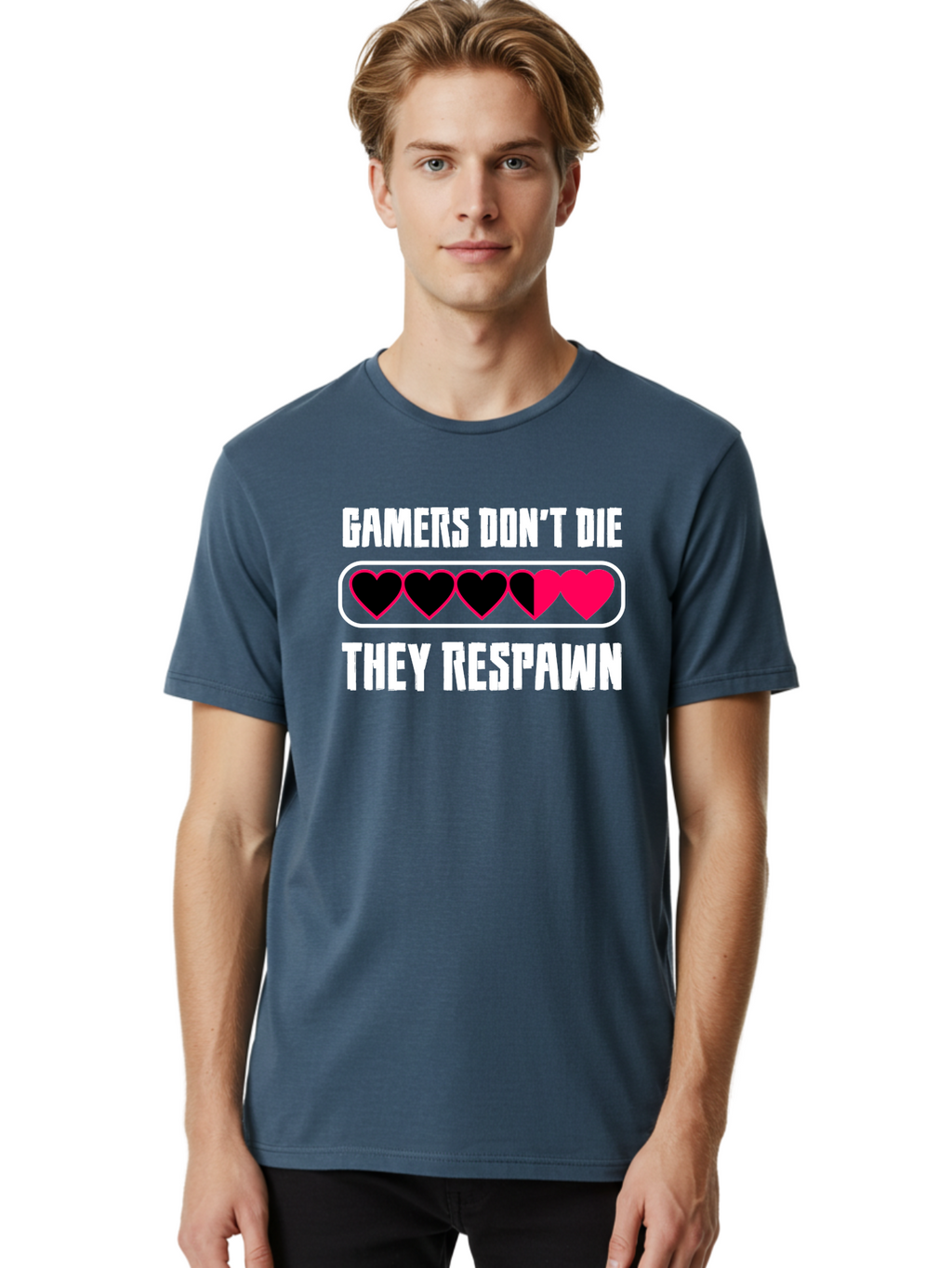 Gamers-Don-T-Die-They-Respwan Men'S Graphic Tee, 100% Cotton, Comfortable Casual Summer Wear, Machine Washable, Gaming Quote, Gamer Life, Respawn, Video Game Humor, Gaming Culture, Gamer Hearts, Digital Entertainment, Gaming Phrase -  Aaa637