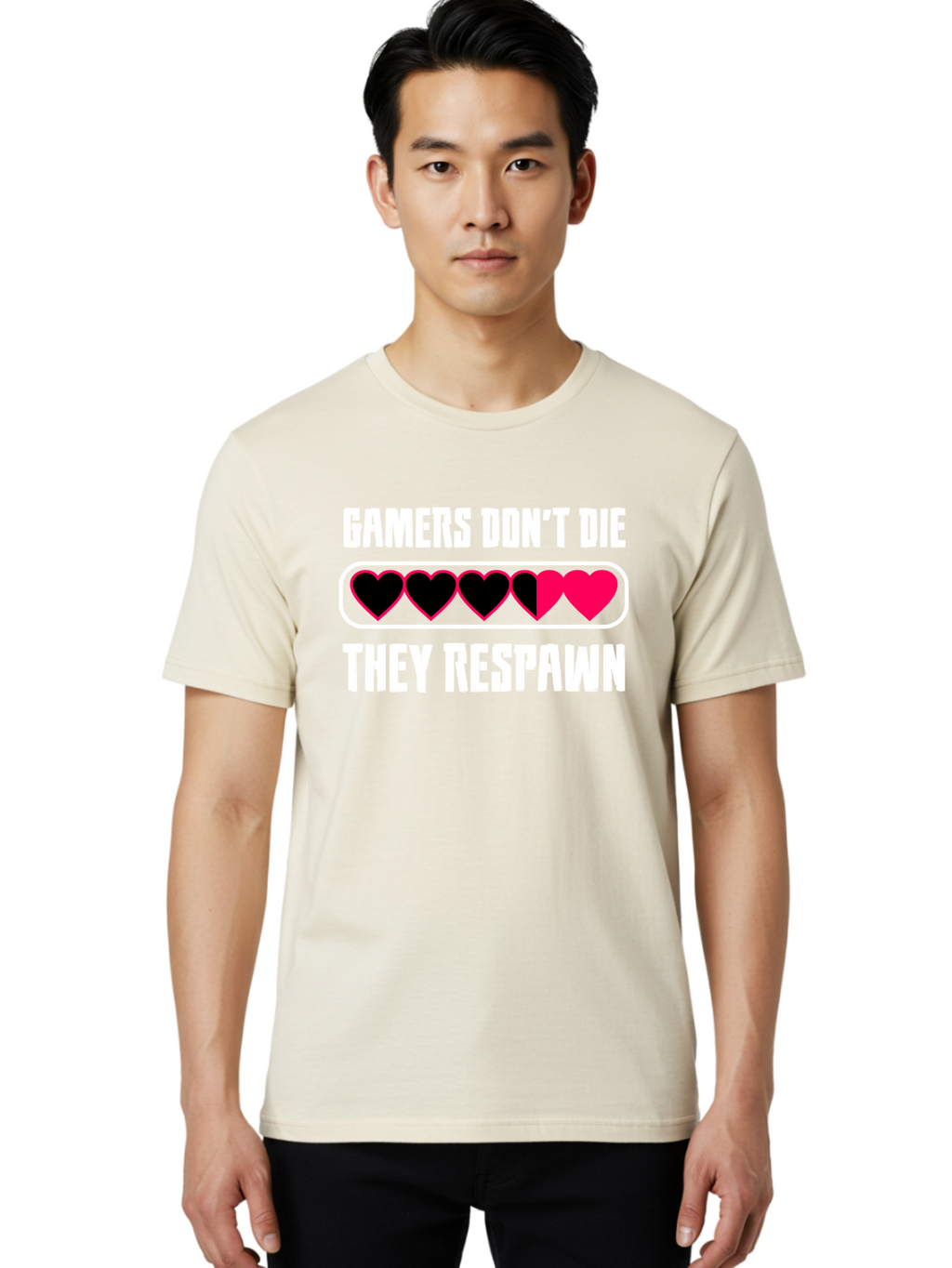 Gamers-Don-T-Die-They-Respwan Men'S Graphic Tee, 100% Cotton, Comfortable Casual Summer Wear, Machine Washable, Gaming Quote, Gamer Life, Respawn, Video Game Humor, Gaming Culture, Gamer Hearts, Digital Entertainment, Gaming Phrase -  Aaa637