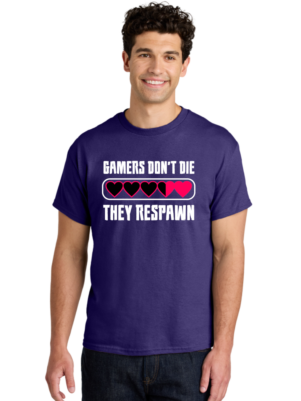 Gamers-Don-T-Die-They-Respwan Men'S Graphic Tee, 100% Cotton, Comfortable Casual Summer Wear, Machine Washable, Gaming Quote, Gamer Life, Respawn, Video Game Humor, Gaming Culture, Gamer Hearts, Digital Entertainment, Gaming Phrase -  Aaa637