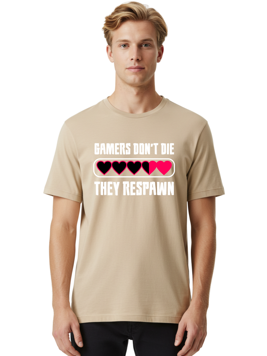 Gamers-Don-T-Die-They-Respwan Men'S Graphic Tee, 100% Cotton, Comfortable Casual Summer Wear, Machine Washable, Gaming Quote, Gamer Life, Respawn, Video Game Humor, Gaming Culture, Gamer Hearts, Digital Entertainment, Gaming Phrase -  Aaa637