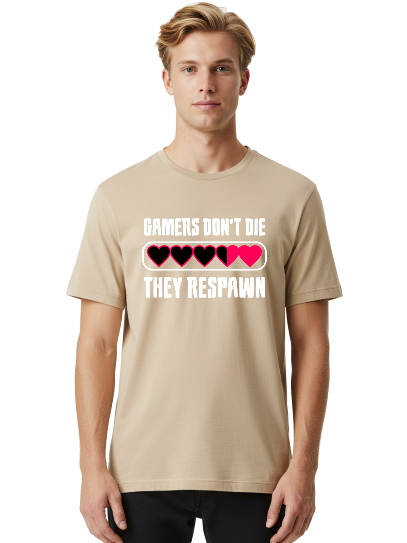 Gamers-Don-T-Die-They-Respwan Men'S Graphic Tee, 100% Cotton, Comfortable Casual Summer Wear, Machine Washable, Gaming Quote, Gamer Life, Respawn, Video Game Humor, Gaming Culture, Gamer Hearts, Digital Entertainment, Gaming Phrase -  Aaa637