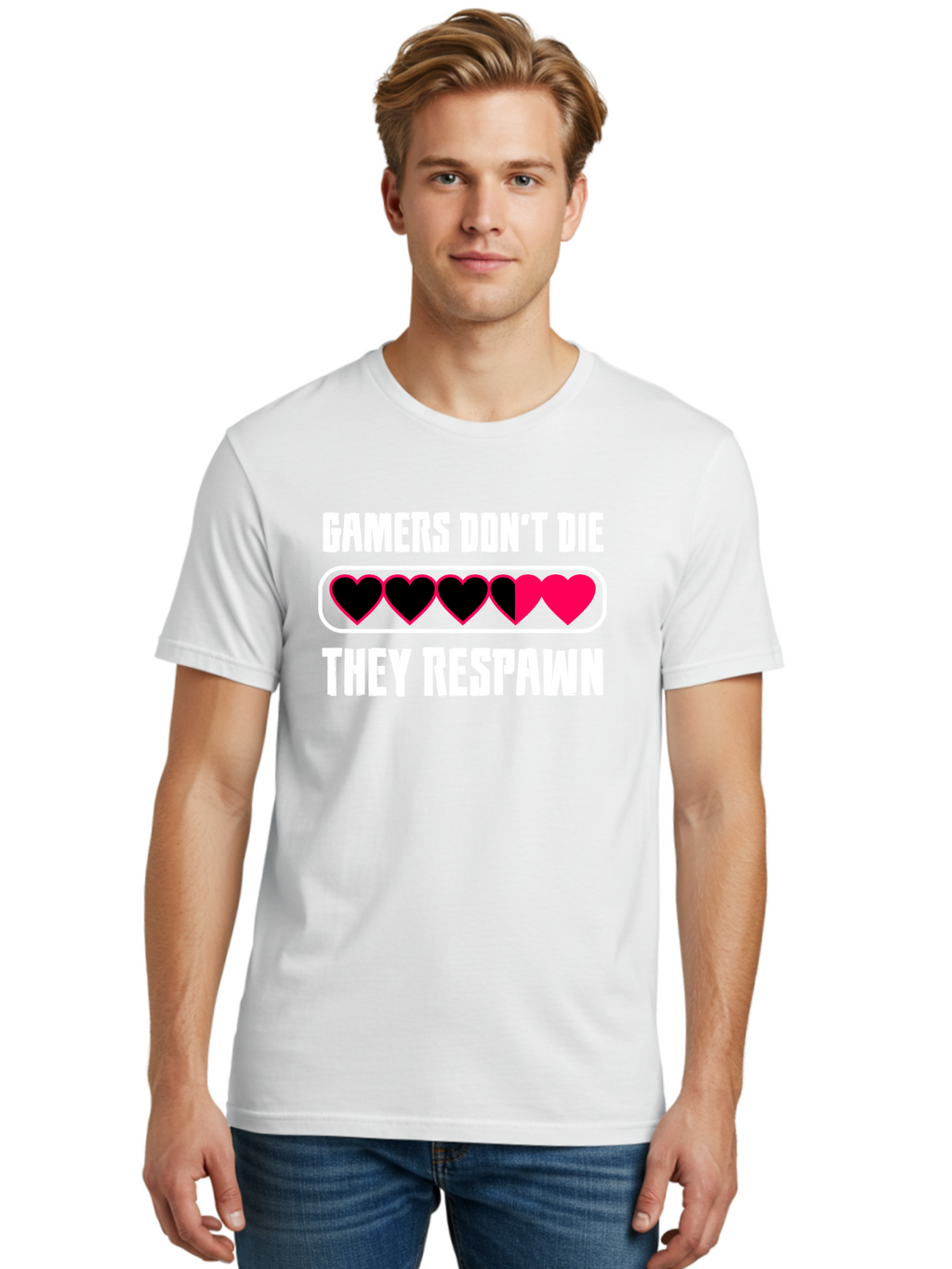 Gamers-Don-T-Die-They-Respwan Men'S Graphic Tee, 100% Cotton, Comfortable Casual Summer Wear, Machine Washable, Gaming Quote, Gamer Life, Respawn, Video Game Humor, Gaming Culture, Gamer Hearts, Digital Entertainment, Gaming Phrase -  Aaa637