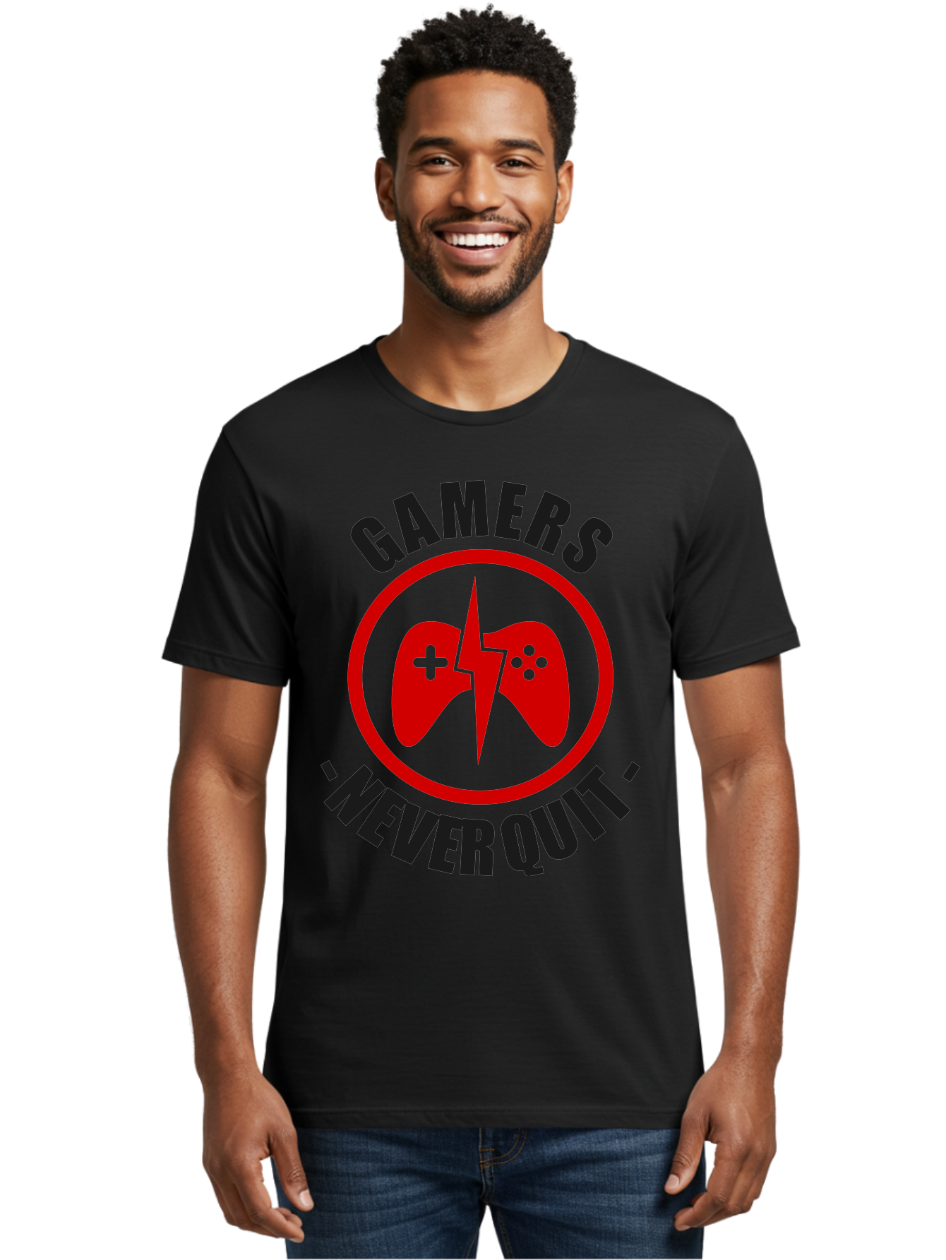 Gamers-Never-Quit Men'S Graphic Tee, 100% Cotton, Comfortable Casual Summer Wear, Machine Washable, Gaming Logo, Red Gamepad Symbol, Bold Typography, Motivational Quote, Never Quit Attitude, Gaming Culture, Gamer Spirit -  Aaa638