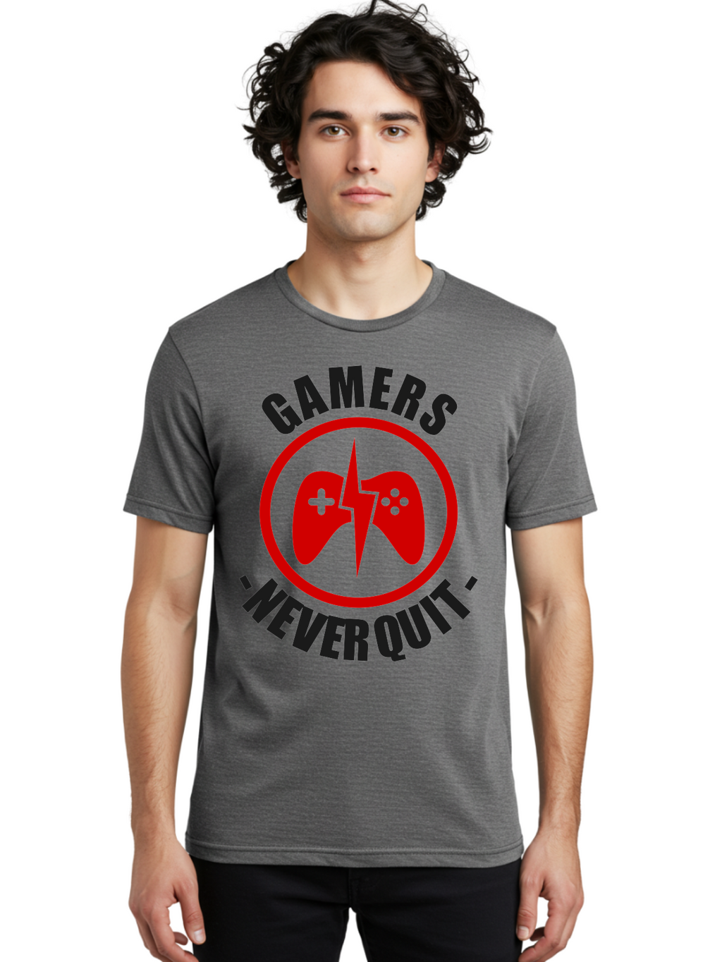 Gamers-Never-Quit Men'S Graphic Tee, 100% Cotton, Comfortable Casual Summer Wear, Machine Washable, Gaming Logo, Red Gamepad Symbol, Bold Typography, Motivational Quote, Never Quit Attitude, Gaming Culture, Gamer Spirit -  Aaa638
