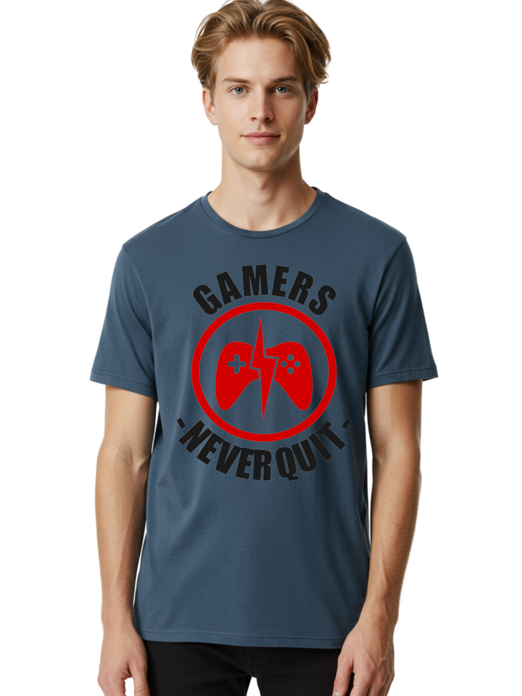 Gamers-Never-Quit Men'S Graphic Tee, 100% Cotton, Comfortable Casual Summer Wear, Machine Washable, Gaming Logo, Red Gamepad Symbol, Bold Typography, Motivational Quote, Never Quit Attitude, Gaming Culture, Gamer Spirit -  Aaa638