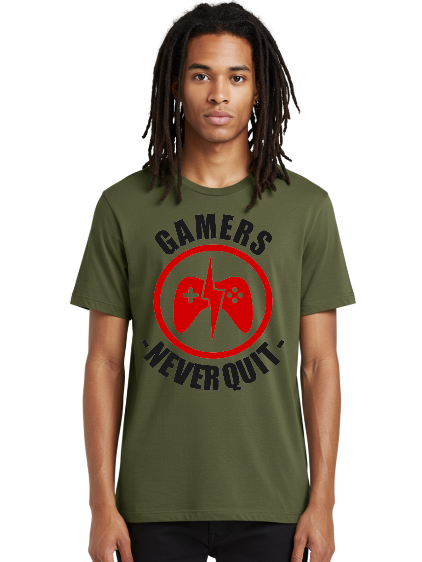 Gamers-Never-Quit Men'S Graphic Tee, 100% Cotton, Comfortable Casual Summer Wear, Machine Washable, Gaming Logo, Red Gamepad Symbol, Bold Typography, Motivational Quote, Never Quit Attitude, Gaming Culture, Gamer Spirit -  Aaa638
