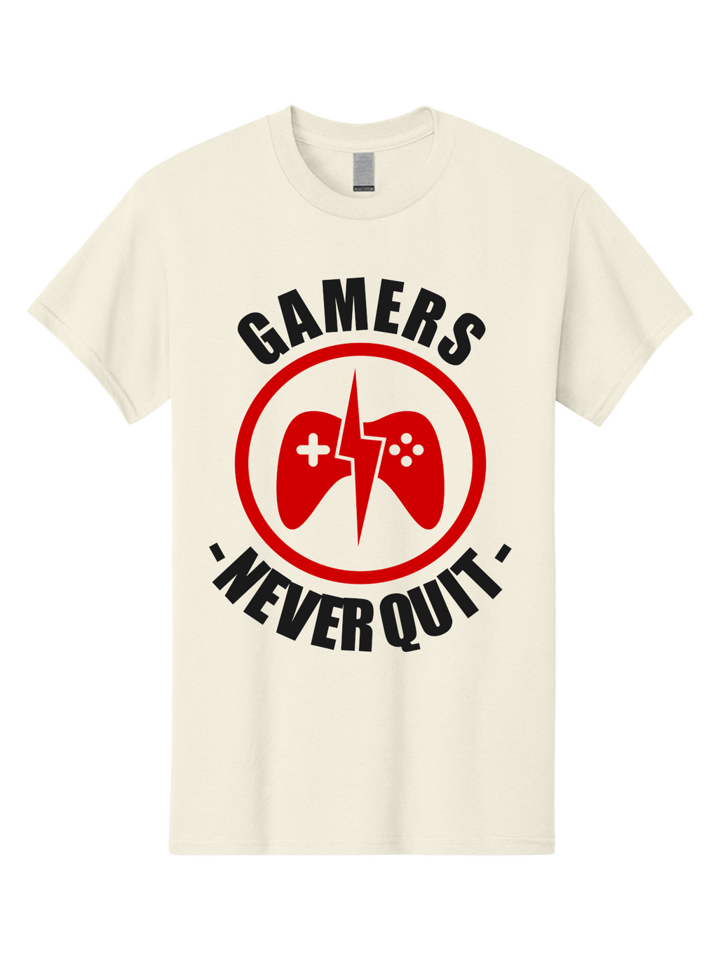 Gamers-Never-Quit Men'S Graphic Tee, 100% Cotton, Comfortable Casual Summer Wear, Machine Washable, Gaming Logo, Red Gamepad Symbol, Bold Typography, Motivational Quote, Never Quit Attitude, Gaming Culture, Gamer Spirit -  Aaa638