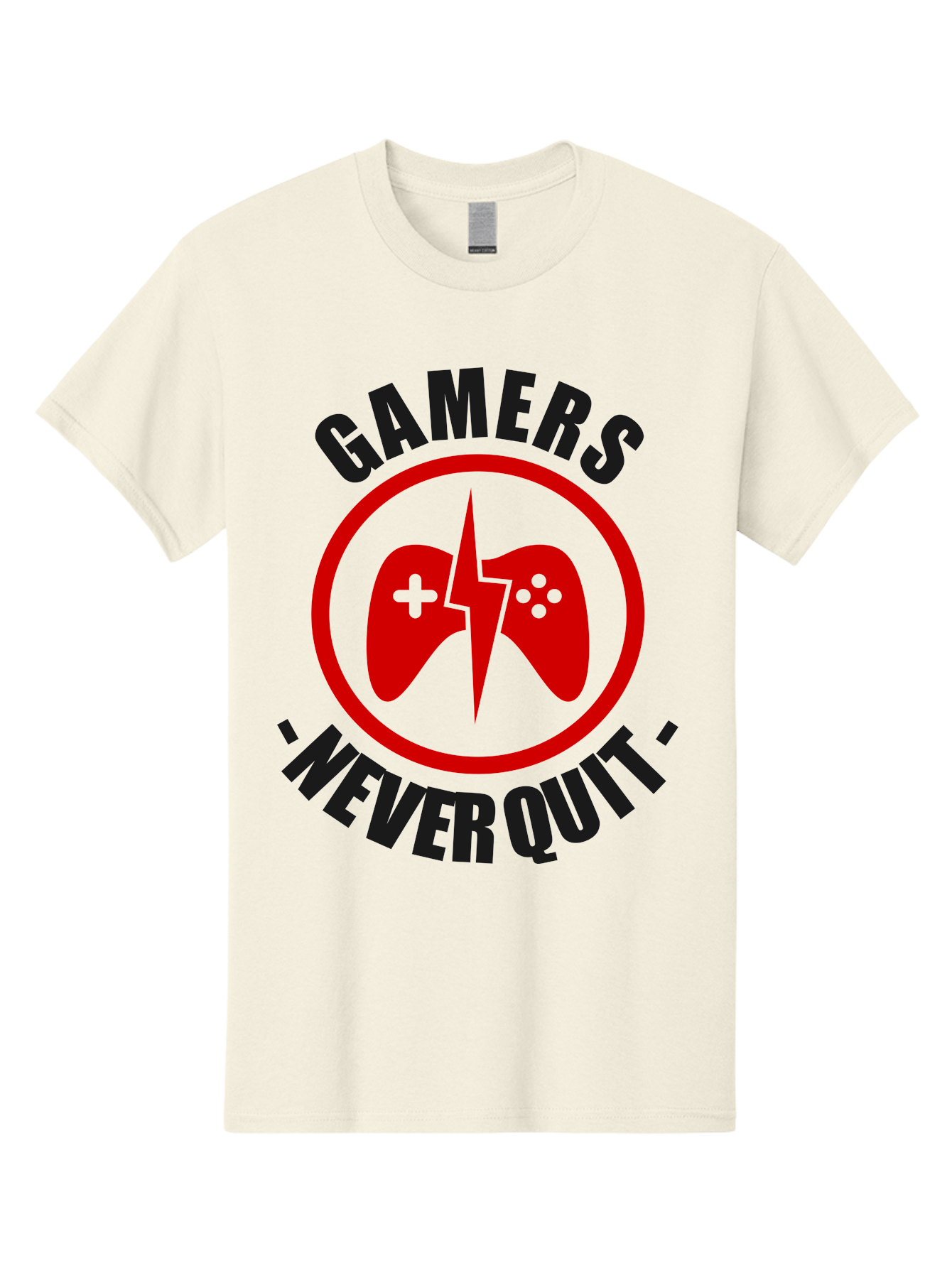 Gamers-Never-Quit Men'S Graphic Tee, 100% Cotton, Comfortable Casual Summer Wear, Machine Washable, Gaming Logo, Red Gamepad Symbol, Bold Typography, Motivational Quote, Never Quit Attitude, Gaming Culture, Gamer Spirit -  Aaa638