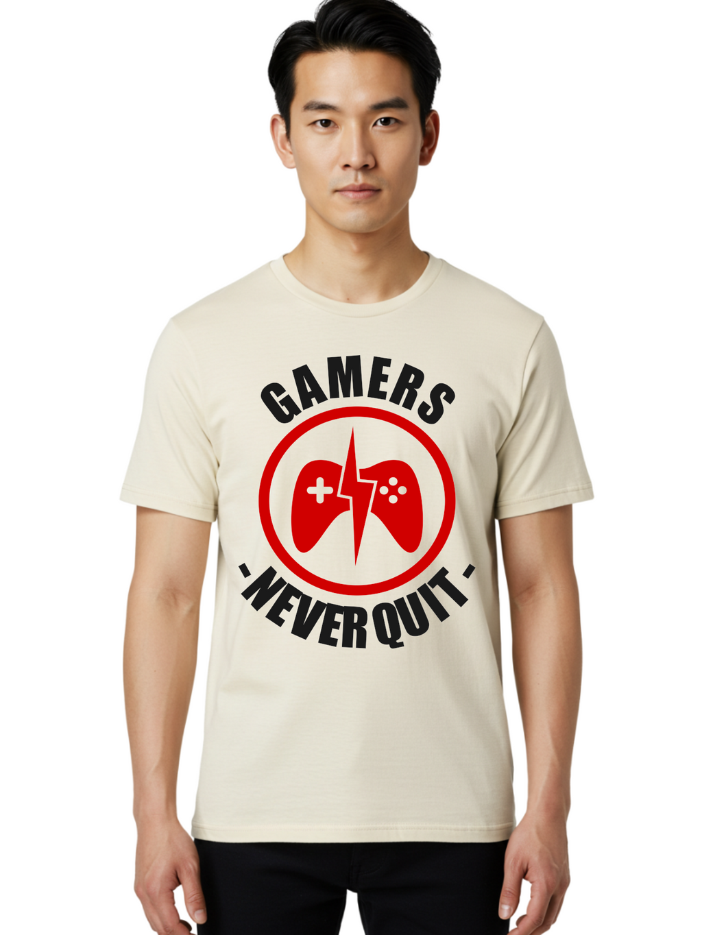Gamers-Never-Quit Men'S Graphic Tee, 100% Cotton, Comfortable Casual Summer Wear, Machine Washable, Gaming Logo, Red Gamepad Symbol, Bold Typography, Motivational Quote, Never Quit Attitude, Gaming Culture, Gamer Spirit -  Aaa638