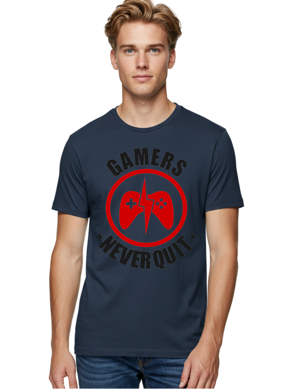 Gamers-Never-Quit Men'S Graphic Tee, 100% Cotton, Comfortable Casual Summer Wear, Machine Washable, Gaming Logo, Red Gamepad Symbol, Bold Typography, Motivational Quote, Never Quit Attitude, Gaming Culture, Gamer Spirit -  Aaa638