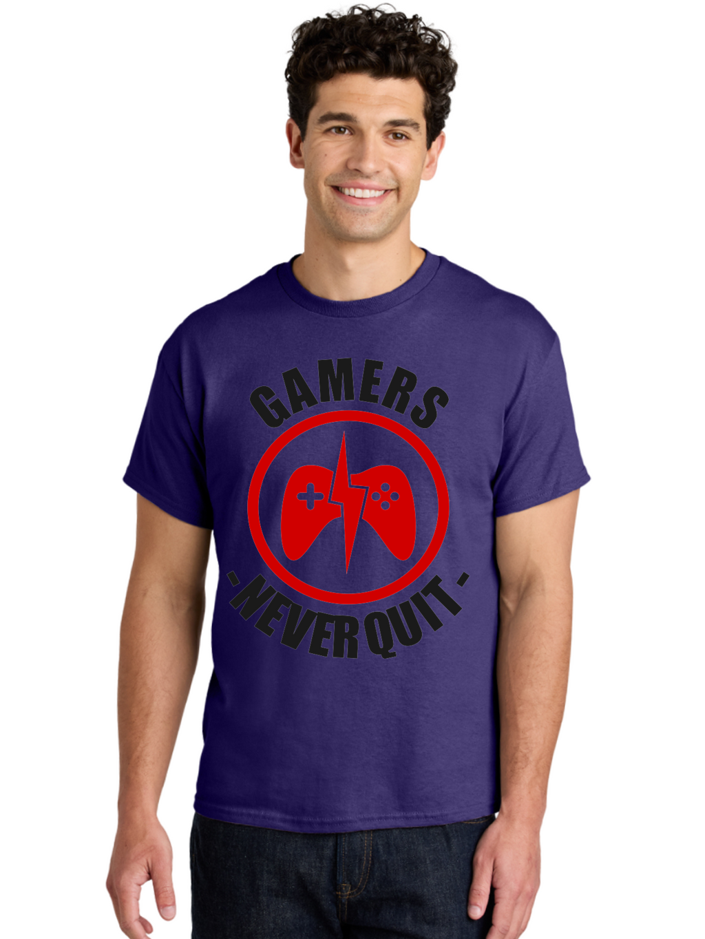 Gamers-Never-Quit Men'S Graphic Tee, 100% Cotton, Comfortable Casual Summer Wear, Machine Washable, Gaming Logo, Red Gamepad Symbol, Bold Typography, Motivational Quote, Never Quit Attitude, Gaming Culture, Gamer Spirit -  Aaa638