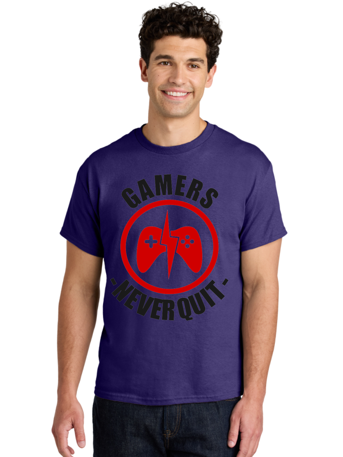 Gamers-Never-Quit Men'S Graphic Tee, 100% Cotton, Comfortable Casual Summer Wear, Machine Washable, Gaming Logo, Red Gamepad Symbol, Bold Typography, Motivational Quote, Never Quit Attitude, Gaming Culture, Gamer Spirit -  Aaa638
