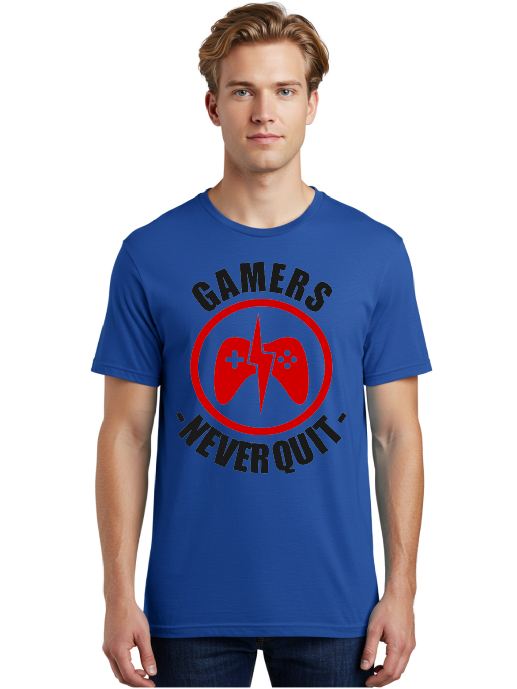 Gamers-Never-Quit Men'S Graphic Tee, 100% Cotton, Comfortable Casual Summer Wear, Machine Washable, Gaming Logo, Red Gamepad Symbol, Bold Typography, Motivational Quote, Never Quit Attitude, Gaming Culture, Gamer Spirit -  Aaa638