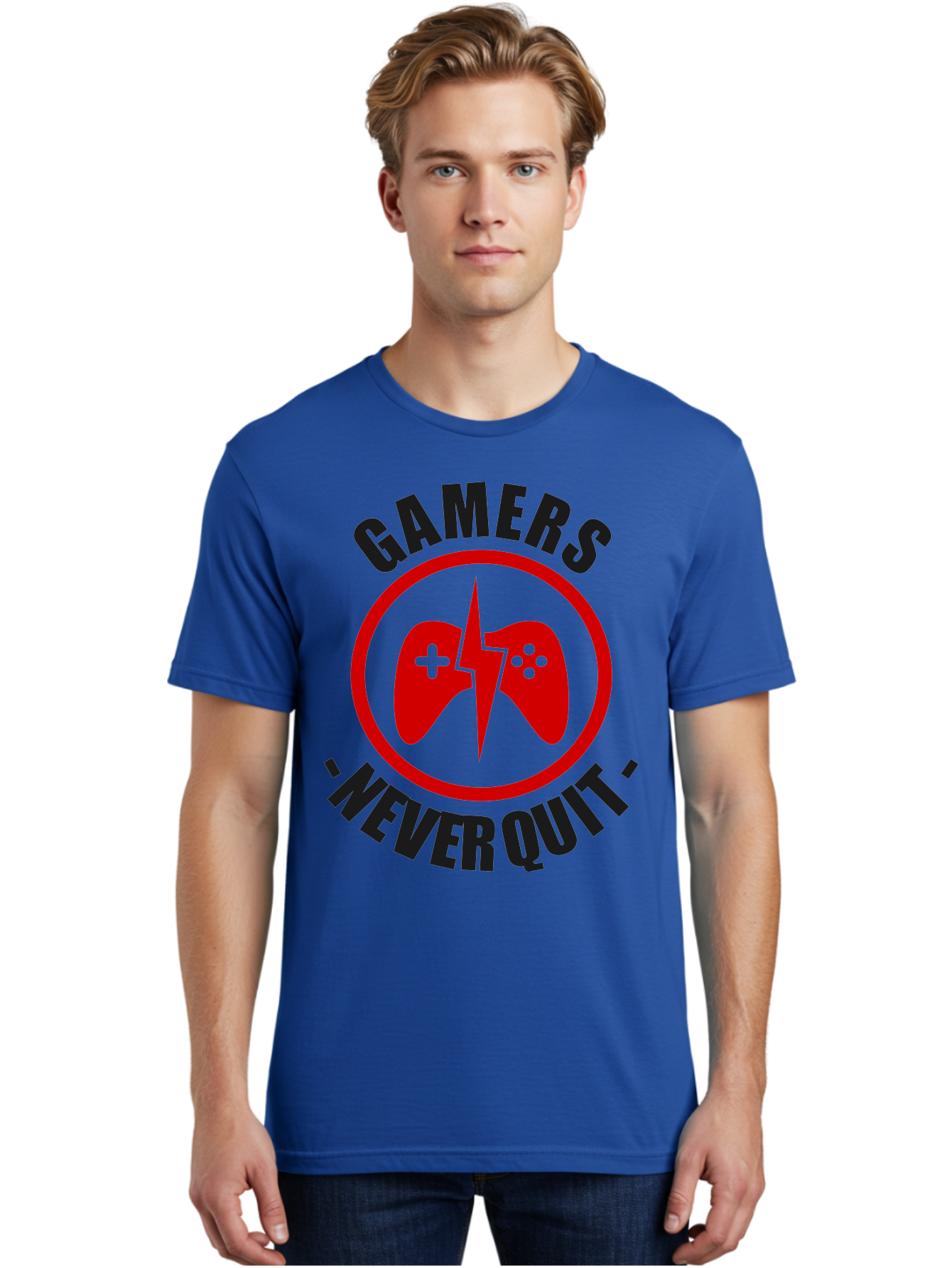 Gamers-Never-Quit Men'S Graphic Tee, 100% Cotton, Comfortable Casual Summer Wear, Machine Washable, Gaming Logo, Red Gamepad Symbol, Bold Typography, Motivational Quote, Never Quit Attitude, Gaming Culture, Gamer Spirit -  Aaa638