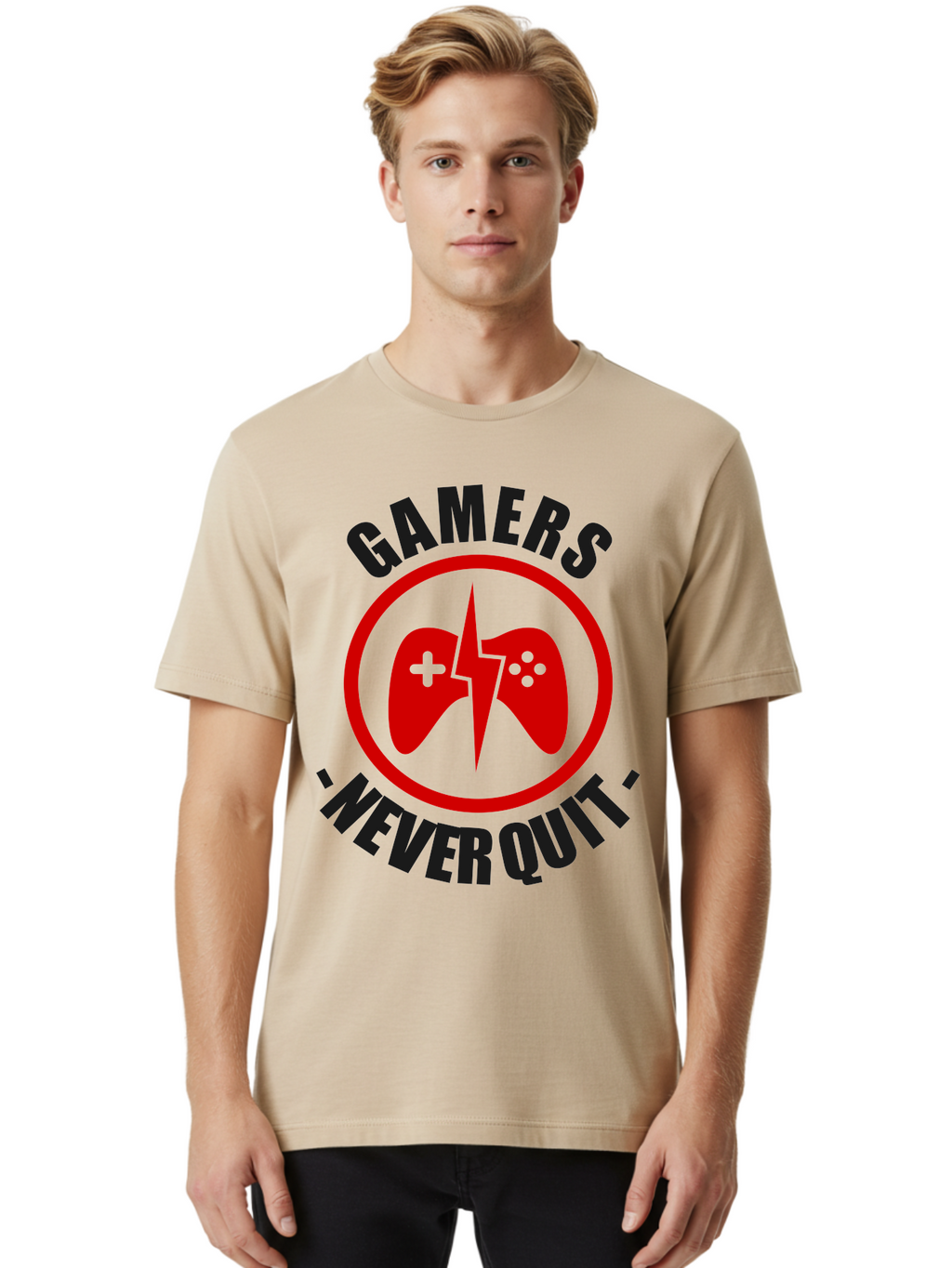 Gamers-Never-Quit Men'S Graphic Tee, 100% Cotton, Comfortable Casual Summer Wear, Machine Washable, Gaming Logo, Red Gamepad Symbol, Bold Typography, Motivational Quote, Never Quit Attitude, Gaming Culture, Gamer Spirit -  Aaa638