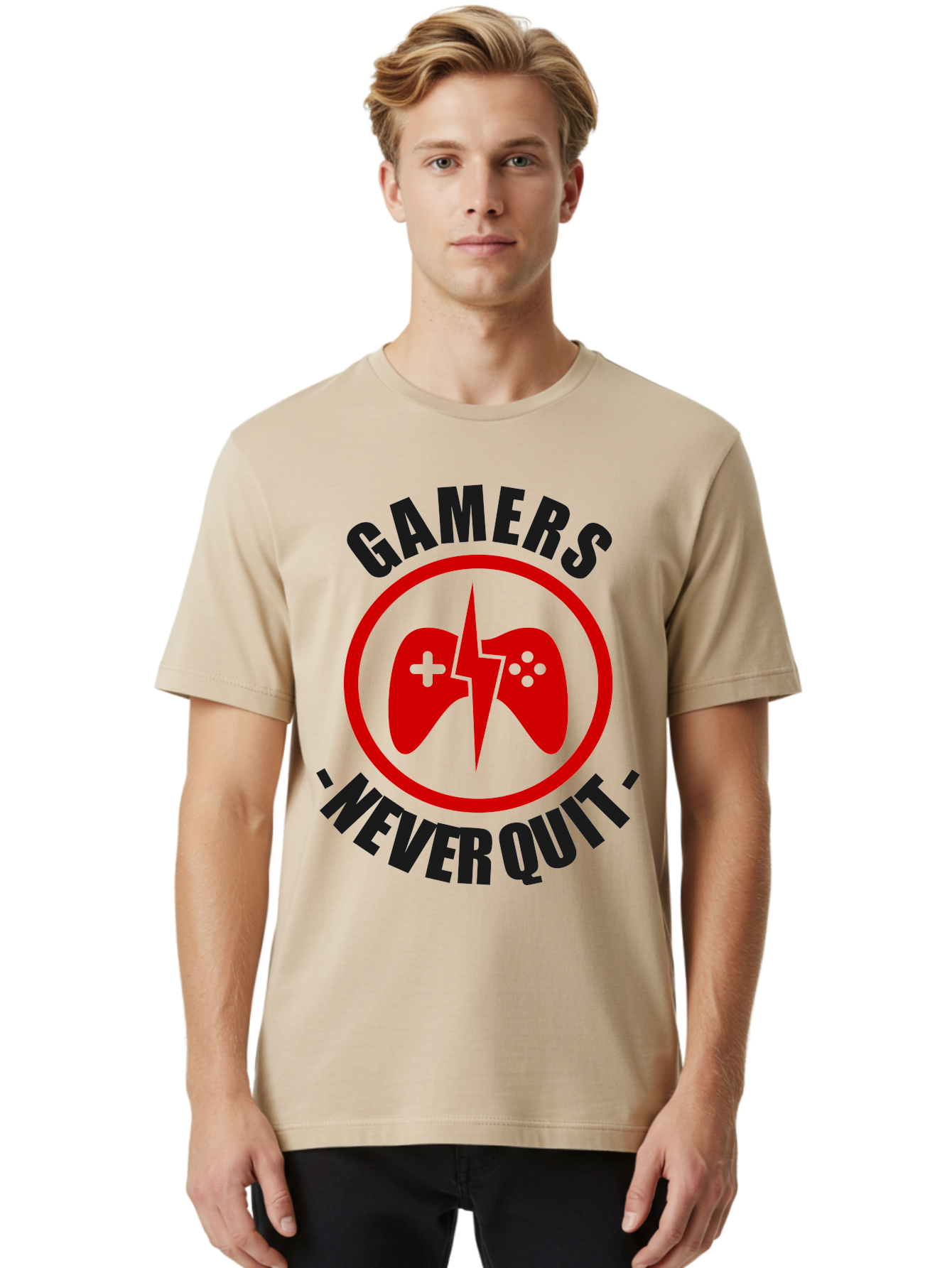 Gamers-Never-Quit Men'S Graphic Tee, 100% Cotton, Comfortable Casual Summer Wear, Machine Washable, Gaming Logo, Red Gamepad Symbol, Bold Typography, Motivational Quote, Never Quit Attitude, Gaming Culture, Gamer Spirit -  Aaa638