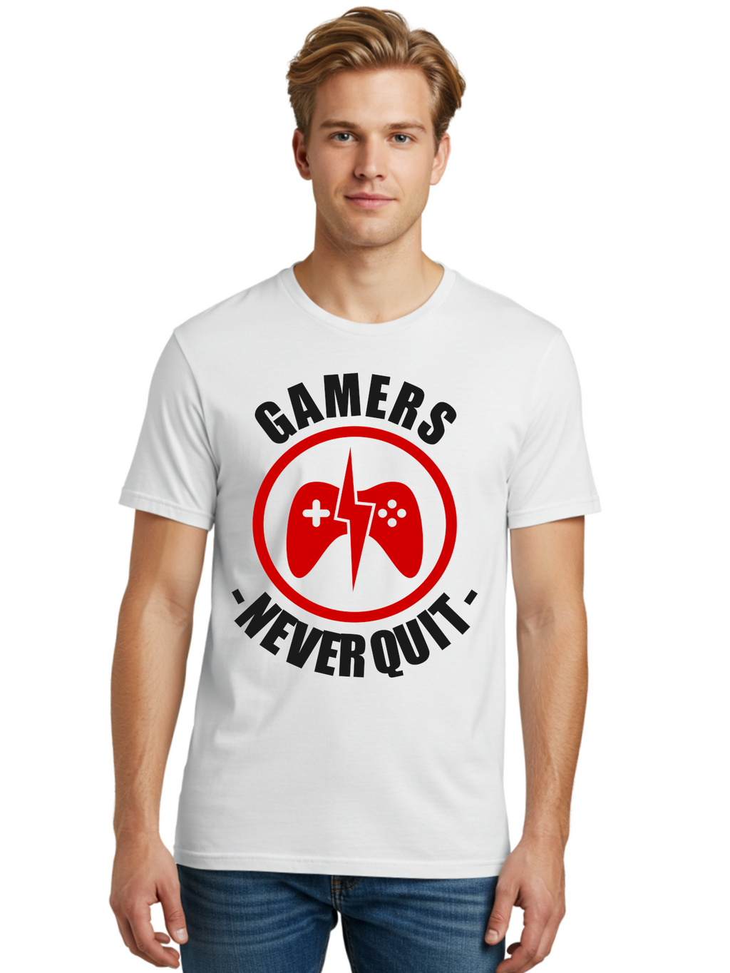 Gamers-Never-Quit Men'S Graphic Tee, 100% Cotton, Comfortable Casual Summer Wear, Machine Washable, Gaming Logo, Red Gamepad Symbol, Bold Typography, Motivational Quote, Never Quit Attitude, Gaming Culture, Gamer Spirit -  Aaa638